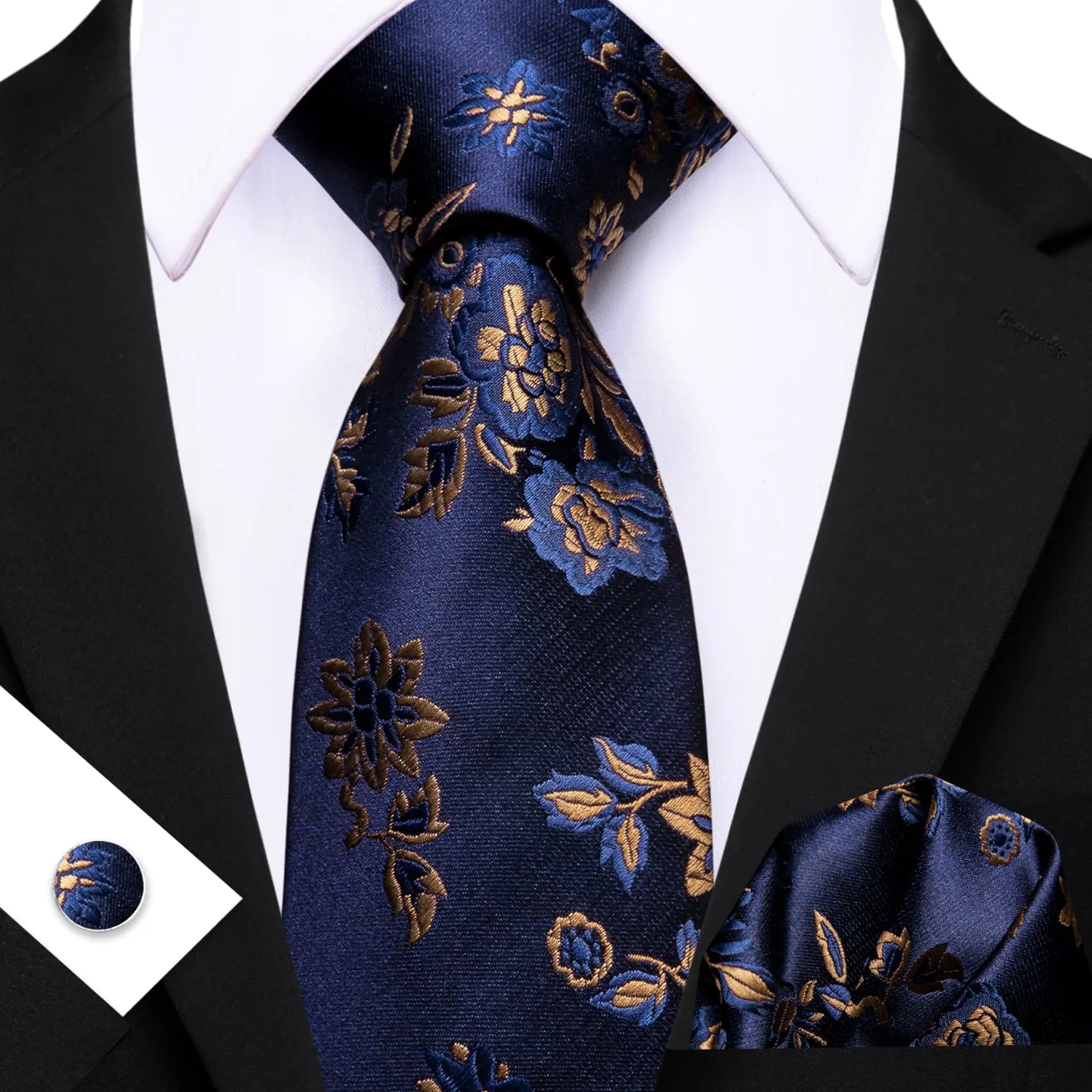 Ties2you Silk Tie Navy Blue Brown Floral Men's Tie Handkerchief Cufflinks Set Fashion sold by Ties 2 You product image thumbnail 3