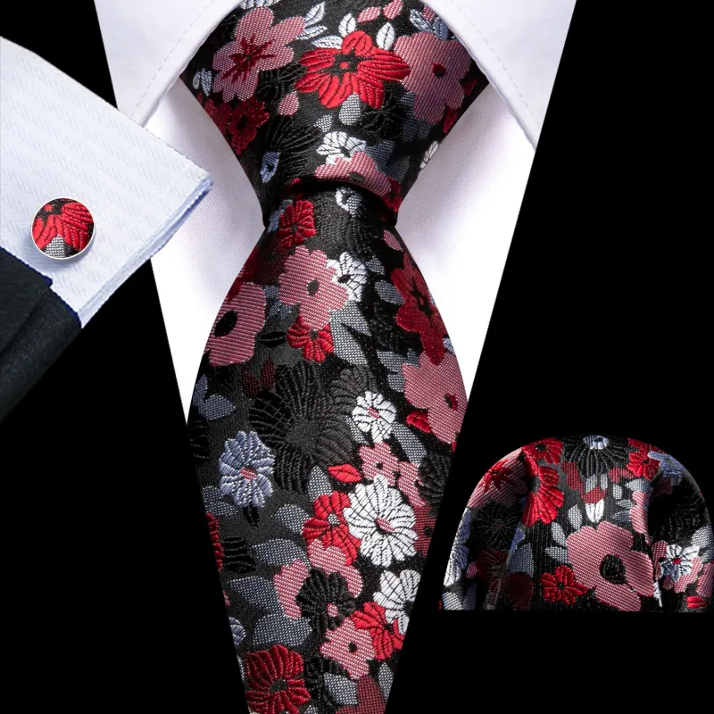 Ties2you Silk Tie Pink Red Floral Men's Tie Handkerchief Cufflinks Set Wedding sold by Ties2You