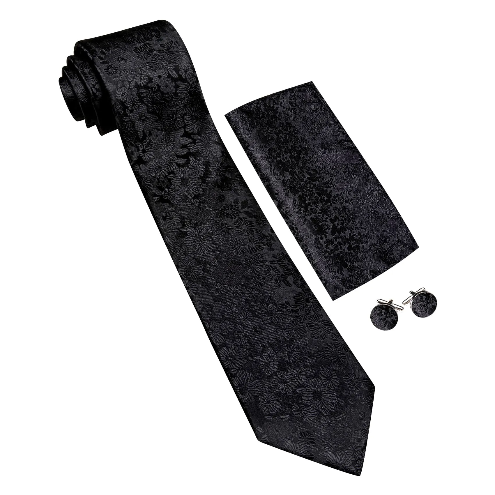 Ties2you Silk Tie Coal Black Floral Men's Tie Pocket Square Cufflinks Set Wedding sold by Ties2You product image thumbnail 4