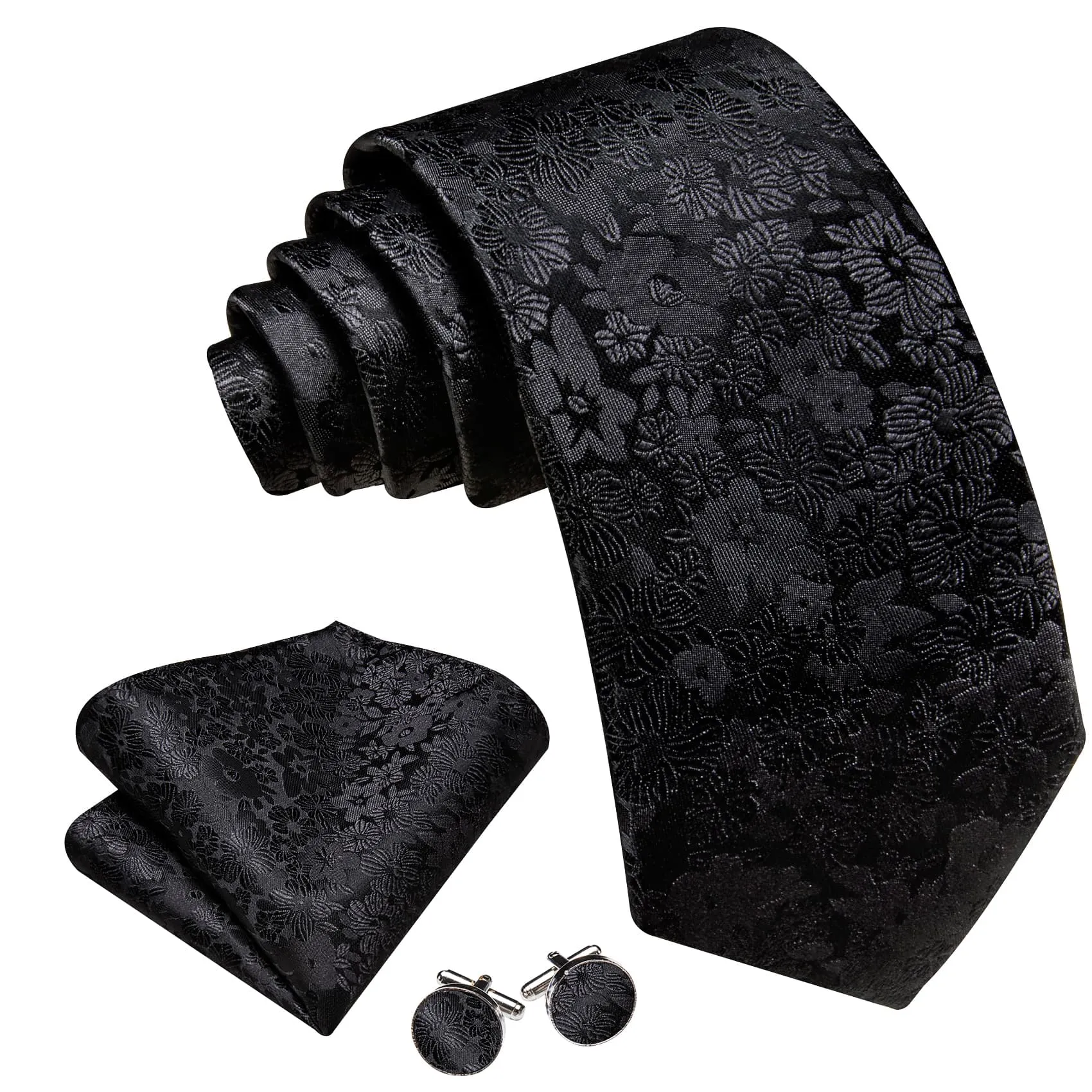 Ties2you Silk Tie Coal Black Floral Men's Tie Pocket Square Cufflinks Set Wedding sold by Ties2You product image thumbnail 3
