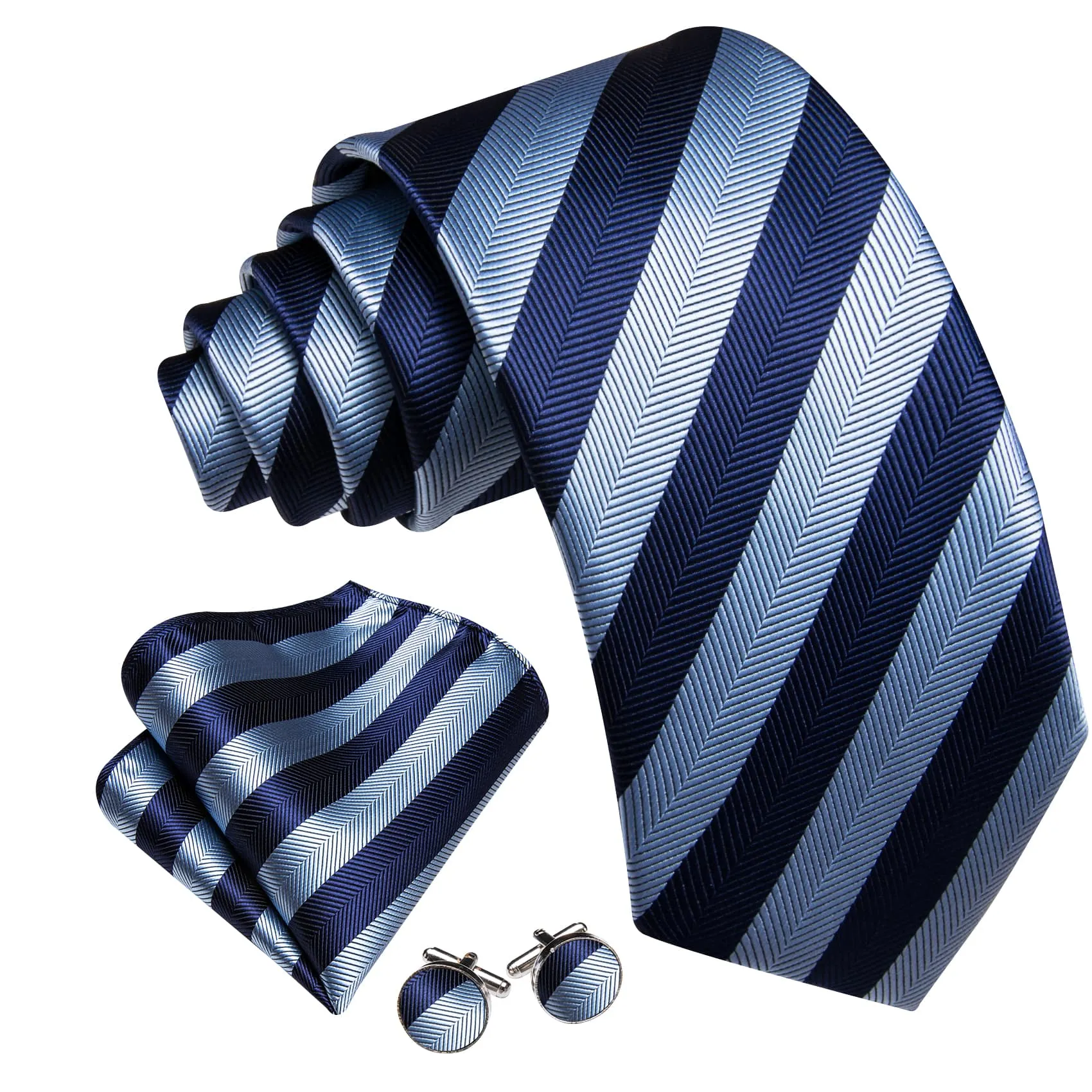 Ties2you Silk Tie Navy and Sky Blue Striped Men's Tie Pocket Square Cufflinks Set for Business sold by Ties2You product image thumbnail 3