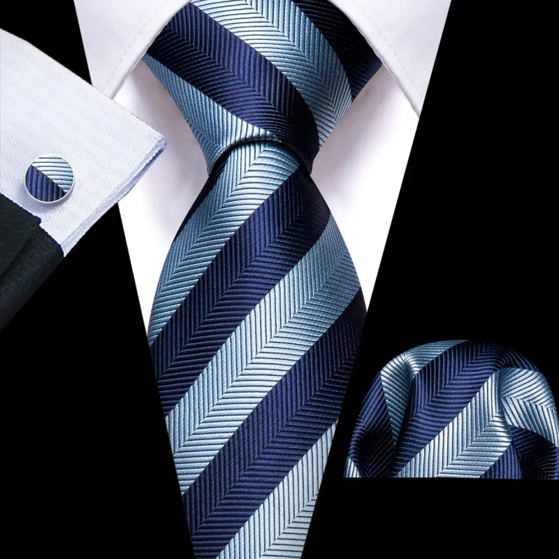 Ties2you Silk Tie Navy and Sky Blue Striped Men's Tie Pocket Square Cufflinks Set for Business sold by Ties2You