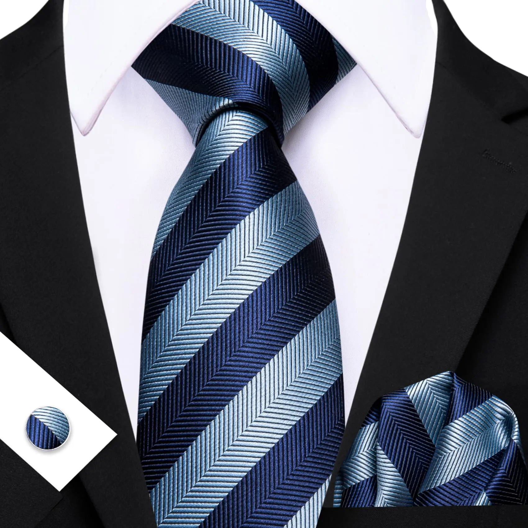 Ties2you Silk Tie Navy and Sky Blue Striped Men's Tie Pocket Square Cufflinks Set for Business sold by Ties2You product image thumbnail 2