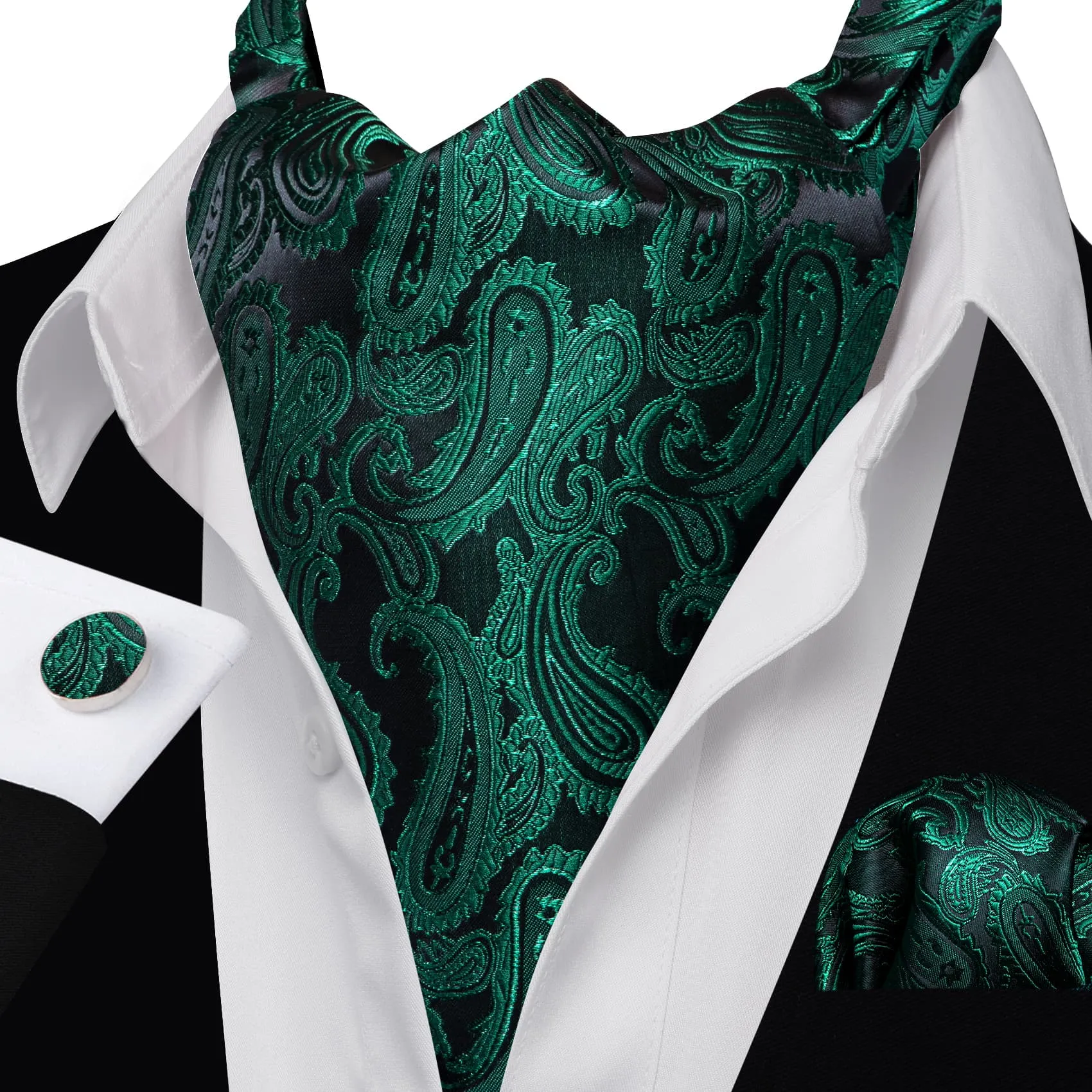 Ties2you Ascot Tie Sapphire Pine Green Paisley Silk Mens Ascot Cravat Set sold by Ties2You product image thumbnail 2