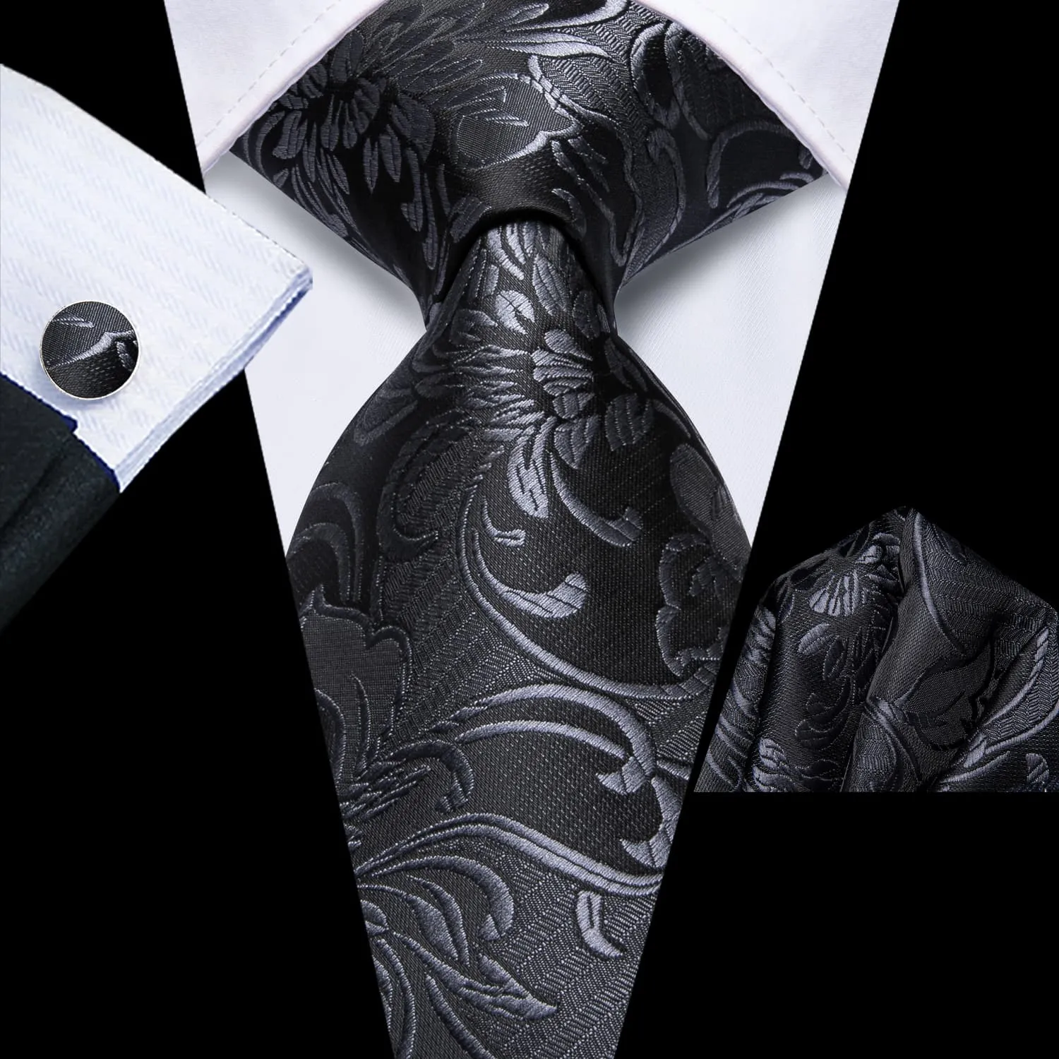 Ties2you Floral Tie Black Grey Mens Silk Tie Handkerchief Cufflinks Set sold by Ties2You