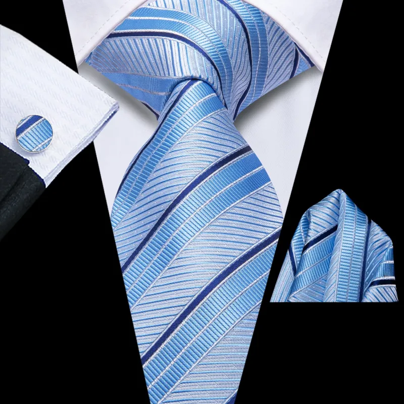 Ties2you Striped Tie Light Blue Silk Men's Tie Pocket Square Cufflinks Set sold by Ties2You