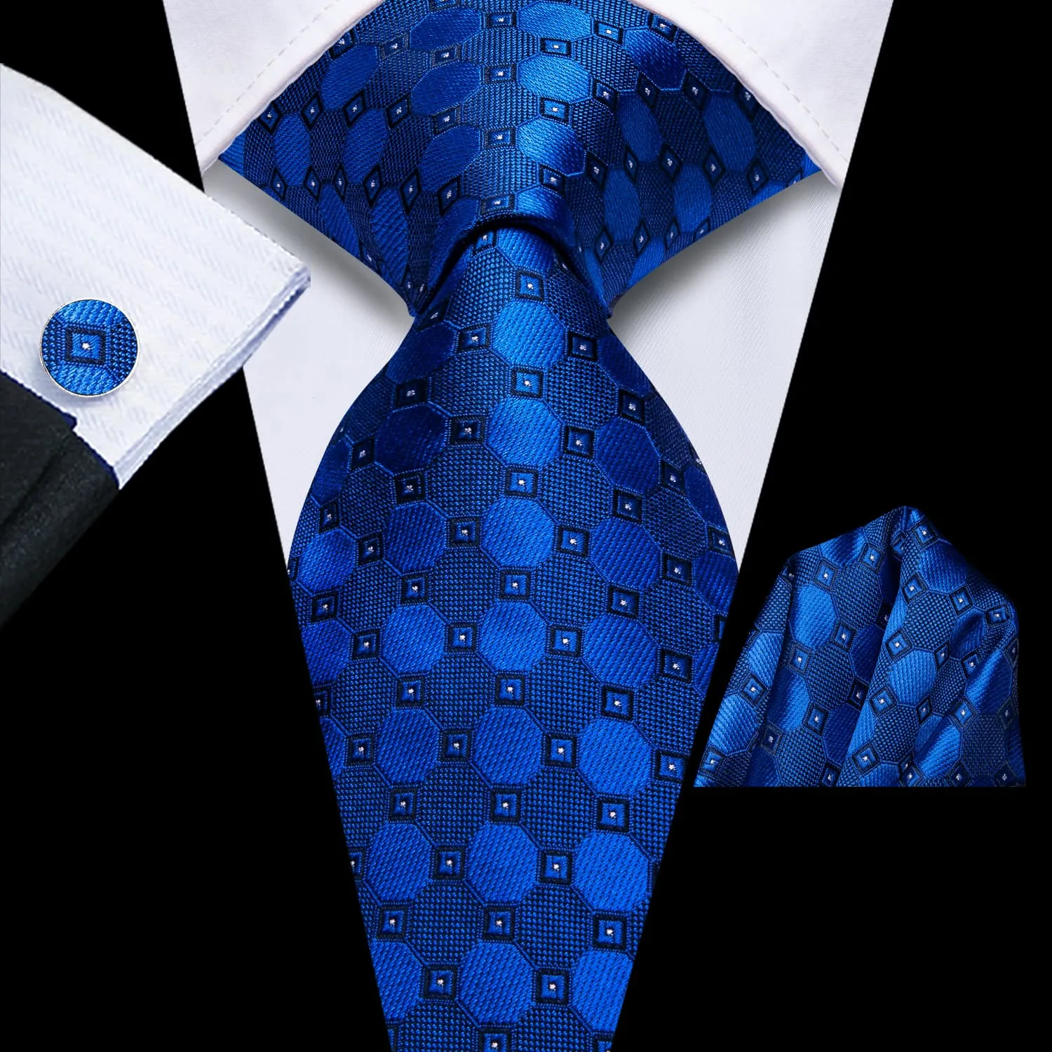 Ties2you Geometric Tie Navy Blue Silk Men's Tie Pocket Square Cufflinks Set sold by Ties2You