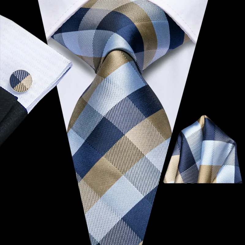 Ties2you Plaid Tie Blue Grey Silk Men's Tie Handkerchief Cufflinks Set sold by Ties2You