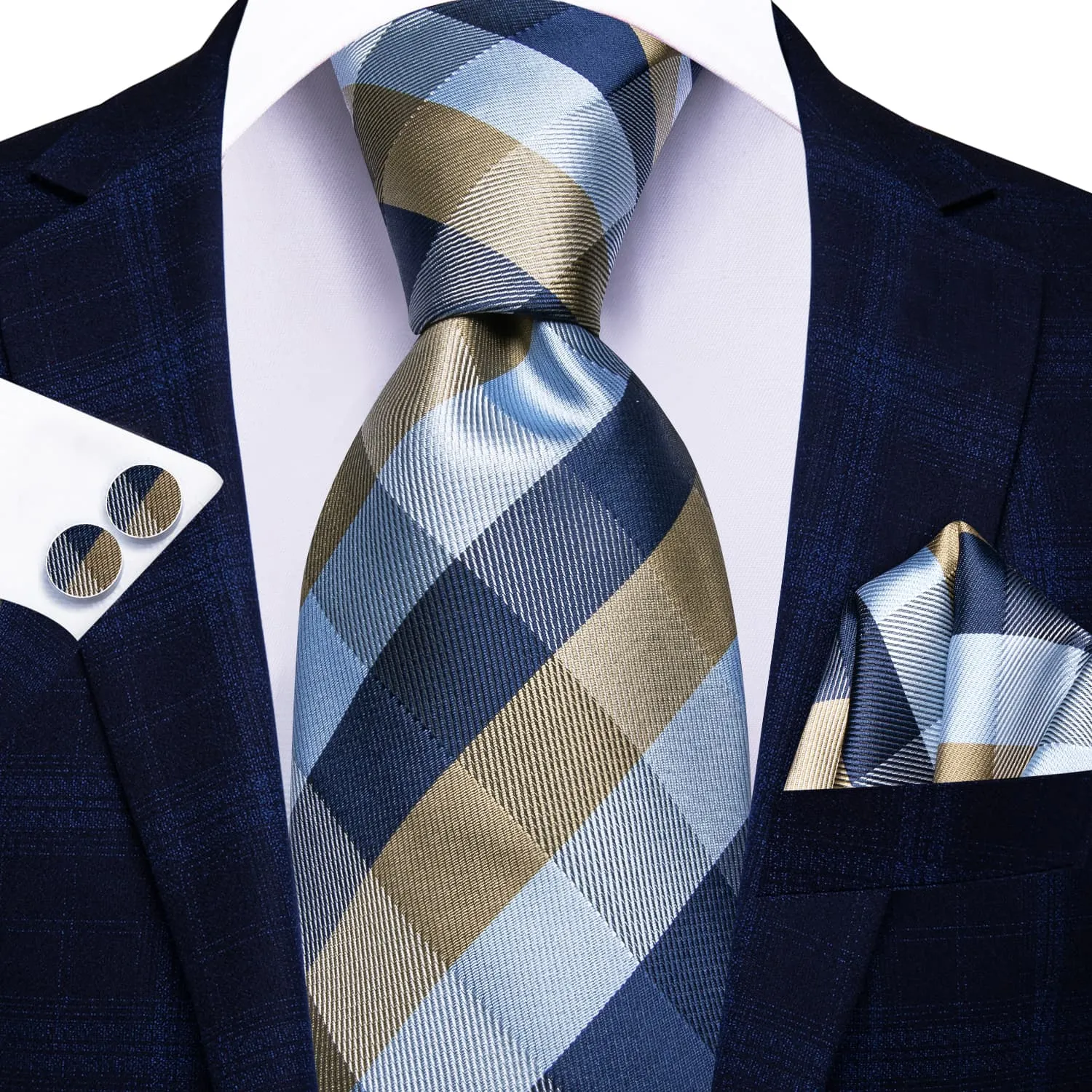 Ties2you Plaid Tie Blue Grey Silk Men's Tie Handkerchief Cufflinks Set sold by Ties2You product image thumbnail 2
