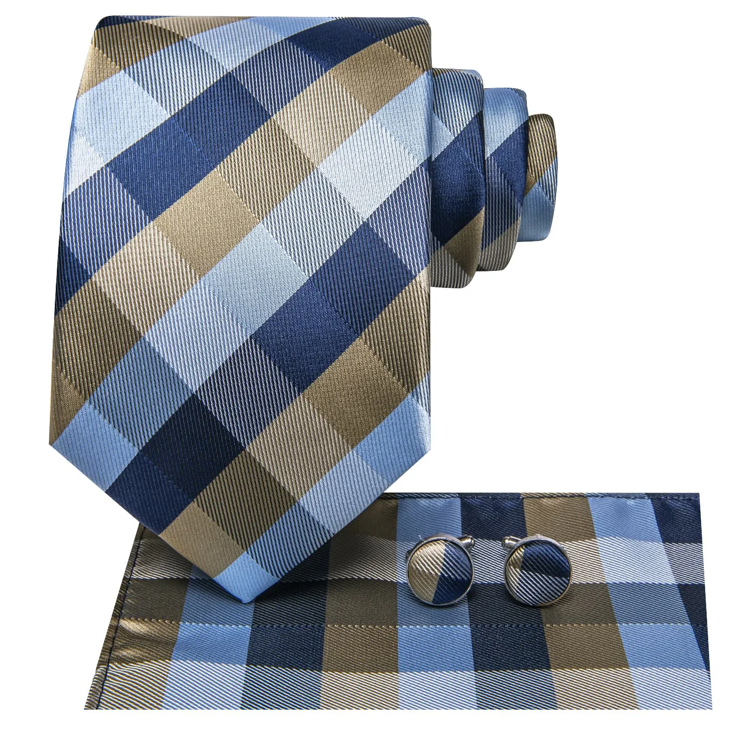 Ties2you Plaid Tie Blue Grey Silk Men's Tie Handkerchief Cufflinks Set sold by Ties2You product image thumbnail 3