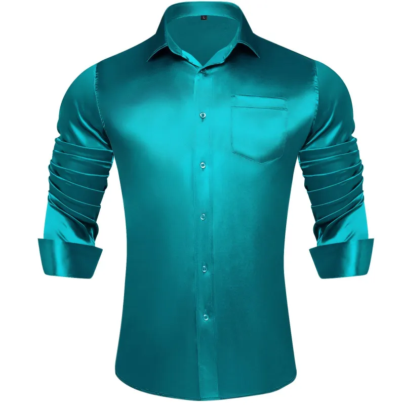 Ties2you Turquoise Satin Dress Shirts Mens Solid Long Sleeve Button Down Formal Shirt sold by Ties2You