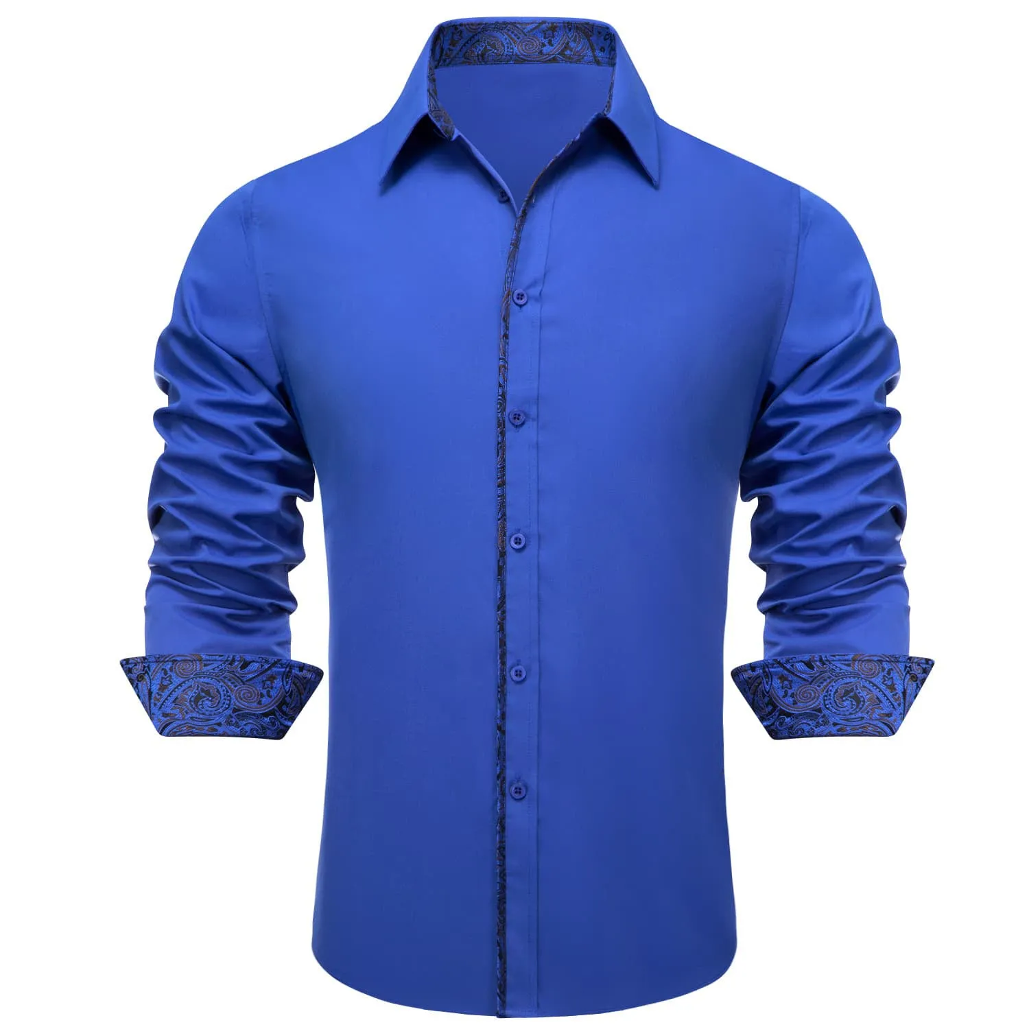 Ties2you Button Down Shirt Cobalt Blue Solid Black Splicing Mens Silk Shirt sold by Ties2You product image thumbnail 2