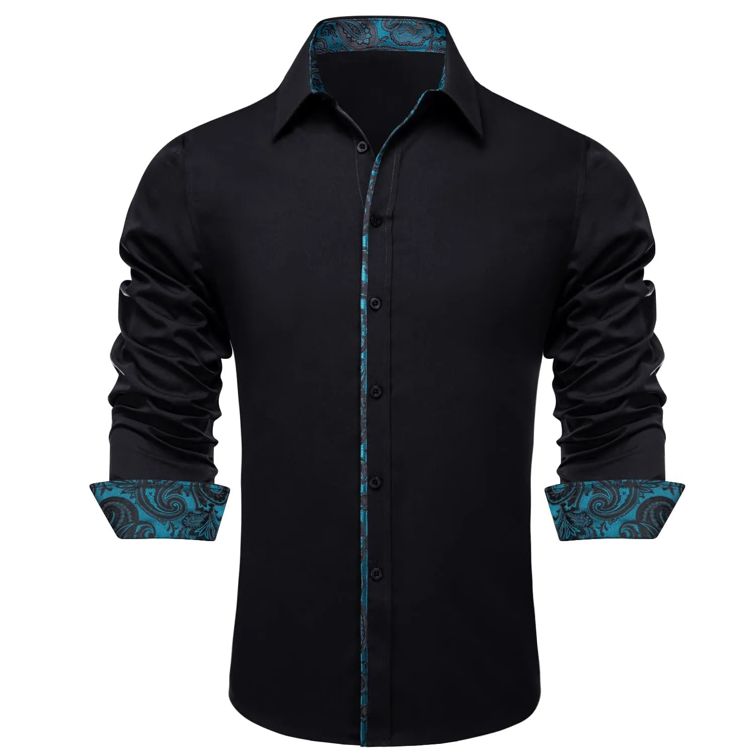 Ties2you Button Down Shirt Black Solid Teal Splicing Mens Silk Shirt sold by Ties2You product image thumbnail 2