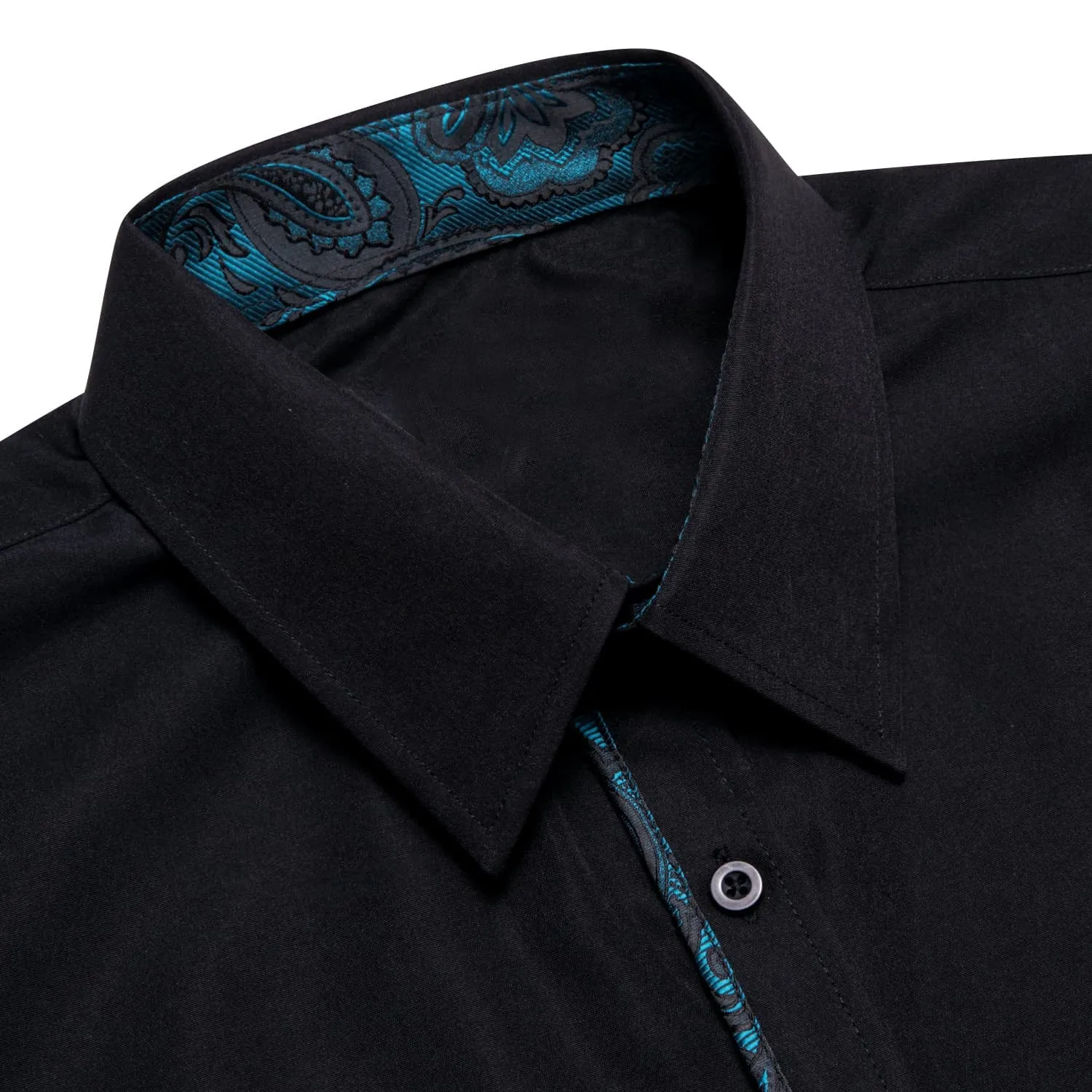 Ties2you Button Down Shirt Black Solid Teal Splicing Mens Silk Shirt sold by Ties2You product image thumbnail 4