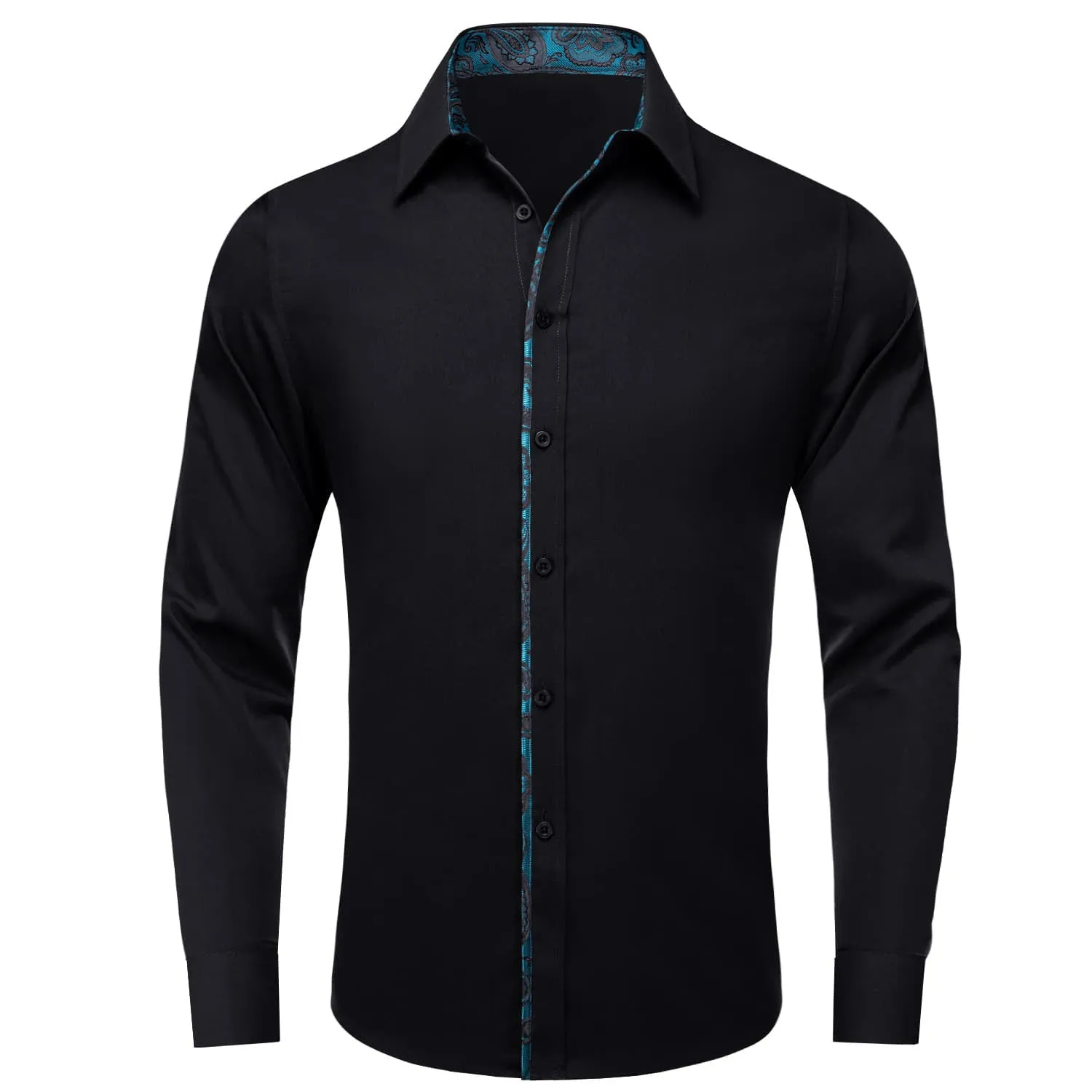 Ties2you Button Down Shirt Black Solid Teal Splicing Mens Silk Shirt sold by Ties2You