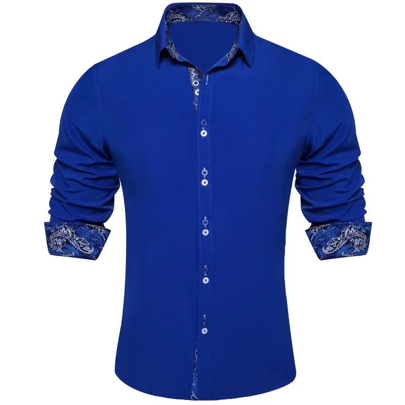 Ties2you Royal Blue Splicing Shirt Mens Silk Long Sleeve Button Down Business Shirt sold by Ties2You