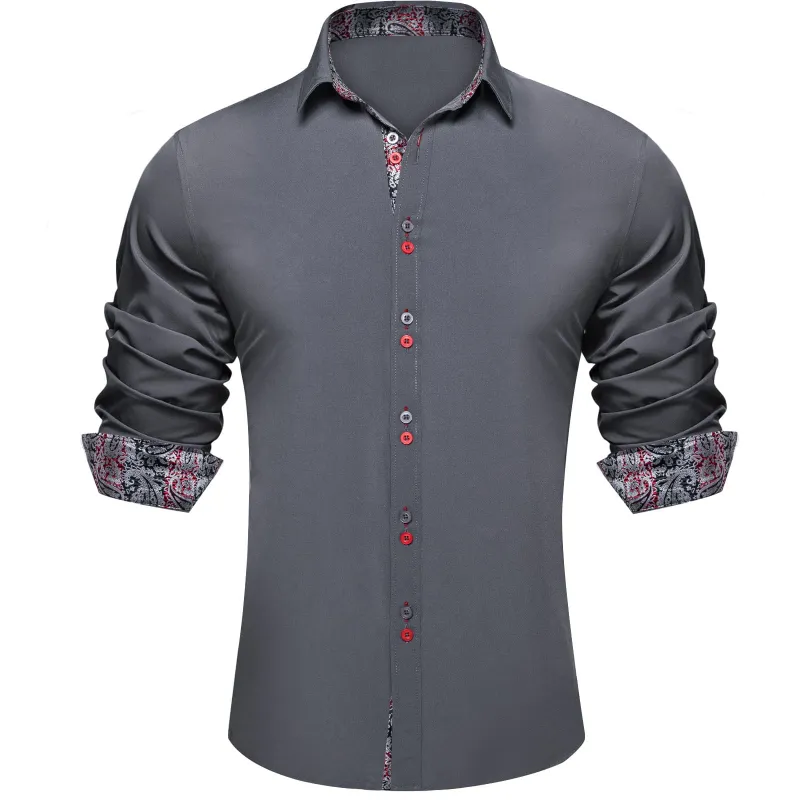 Ties2you Dress Shirt for Men Smoke Grey Solid Splicing Silk Long Sleeve Shirt sold by Ties2You
