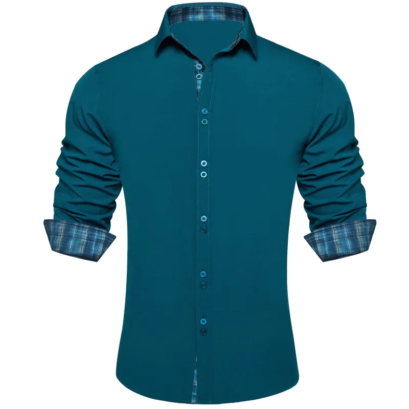 Ties2you Dress Shirt for Men Aegean Blue Solid Splicing Silk Long Sleeve Shirt sold by Ties 2 You