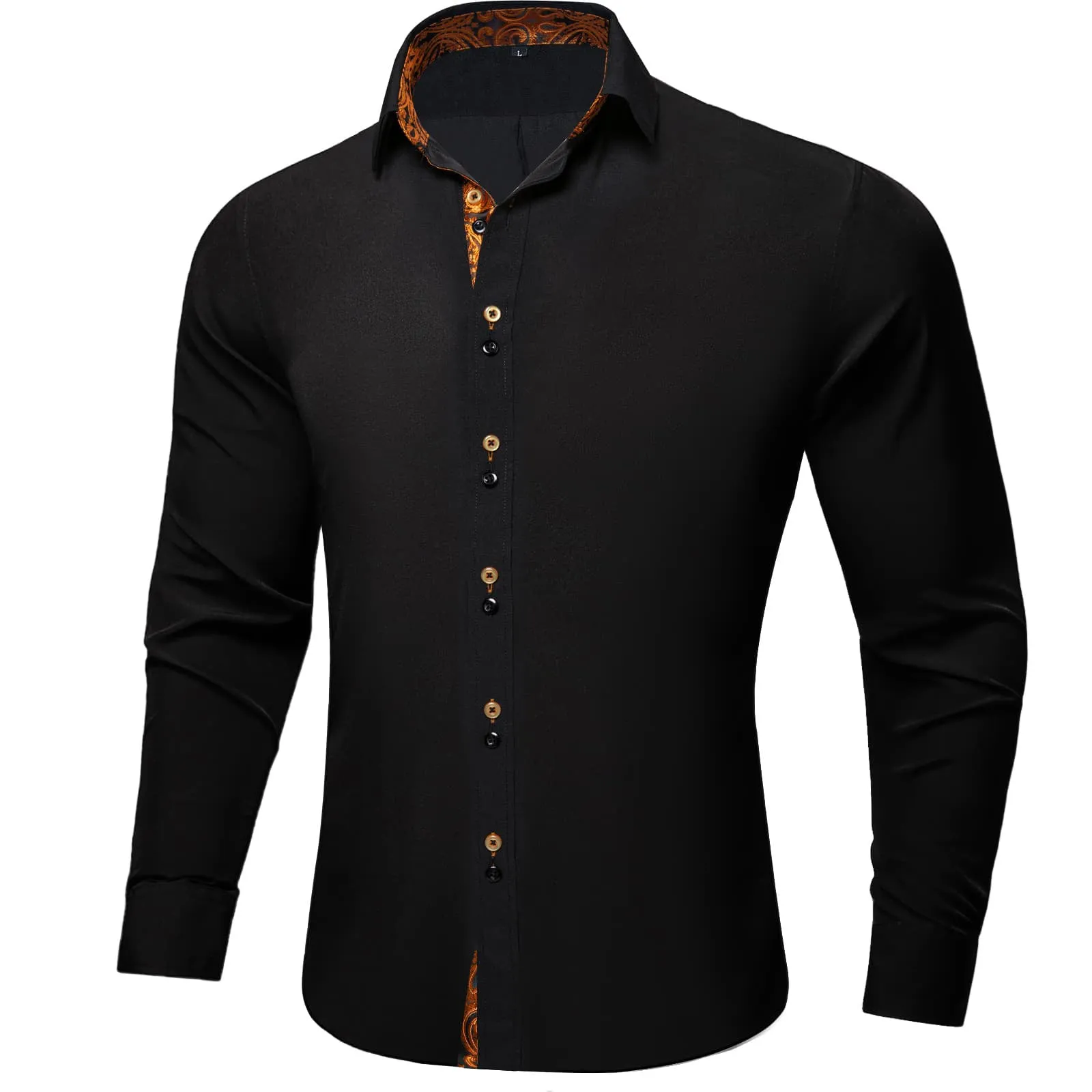 Ties2you Dress Shirt for Men Black Solid Orange Splicing Silk Long Sleeve Shirt sold by Ties2You product image thumbnail 2