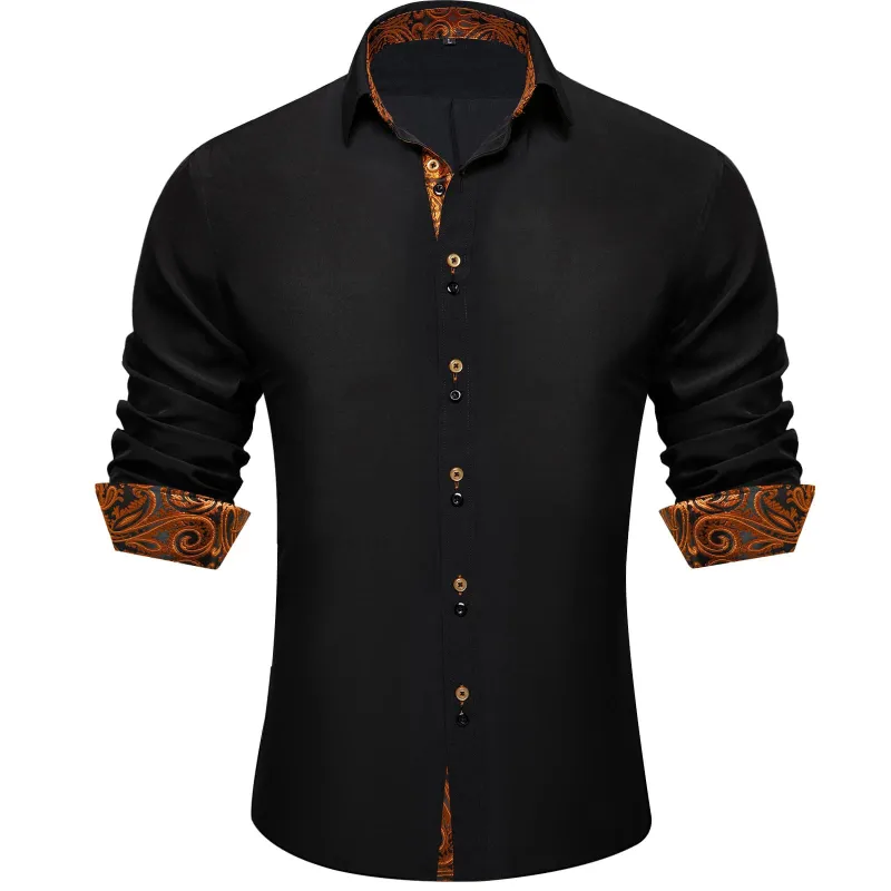 Ties2you Dress Shirt for Men Black Solid Orange Splicing Silk Long Sleeve Shirt sold by Ties2You