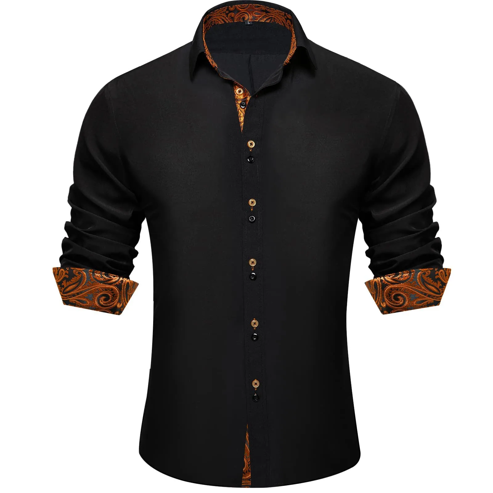 Ties2you Dress Shirt for Men Black Solid Orange Splicing Silk Long Sleeve Shirt sold by Ties2You