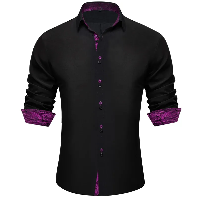 Ties2you Dress Shirt for Men Black Solid Purple Splicing Silk Long Sleeve Shirt sold by Ties2You