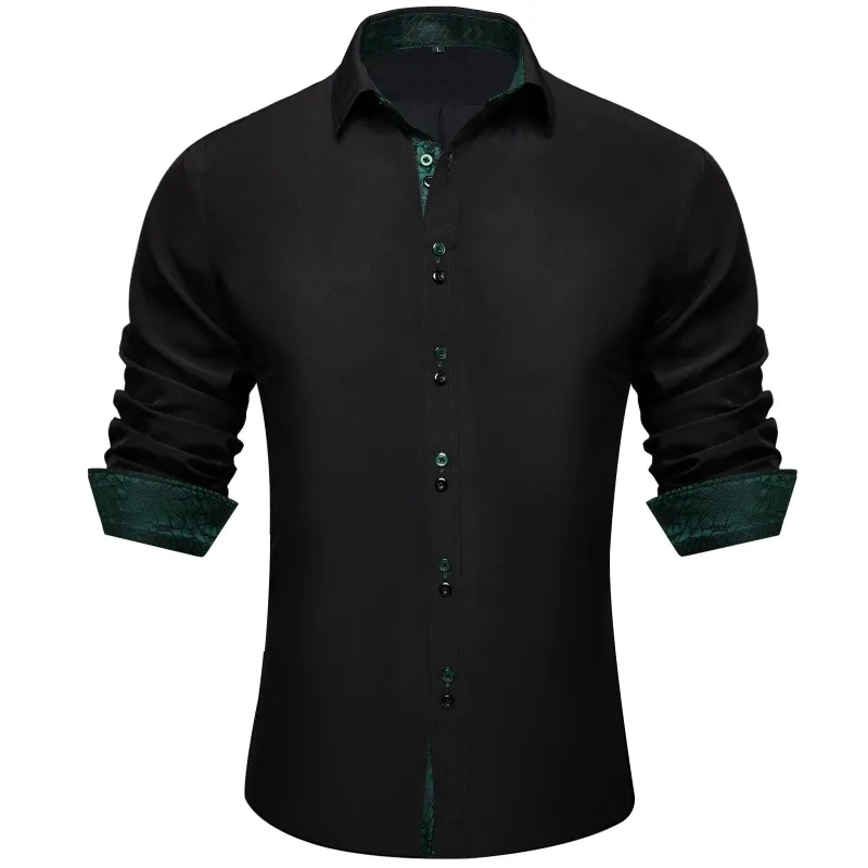 Ties2you Dress Shirt for Men Black Solid Green Splicing Silk Long Sleeve Shirt sold by Ties2You
