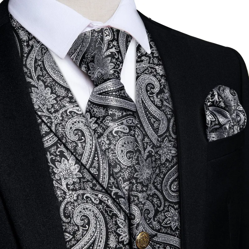 Ties2you Men's Vest Silver Grey Woven Paisley Silk Suit Vest Tie Set sold by Ties2You