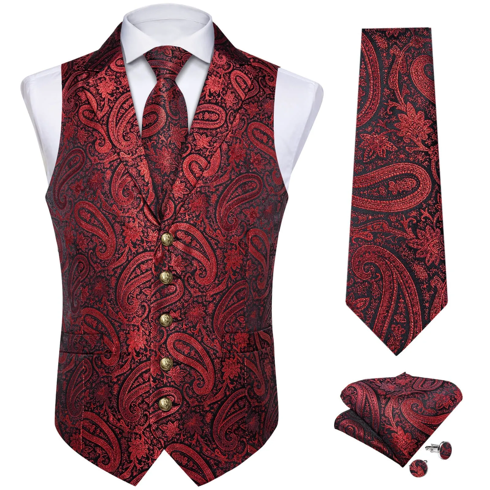 Ties2you Men's Vest Deep Red Jacquard Paisley Silk Suit Vest Tie Set sold by Ties2You product image thumbnail 2