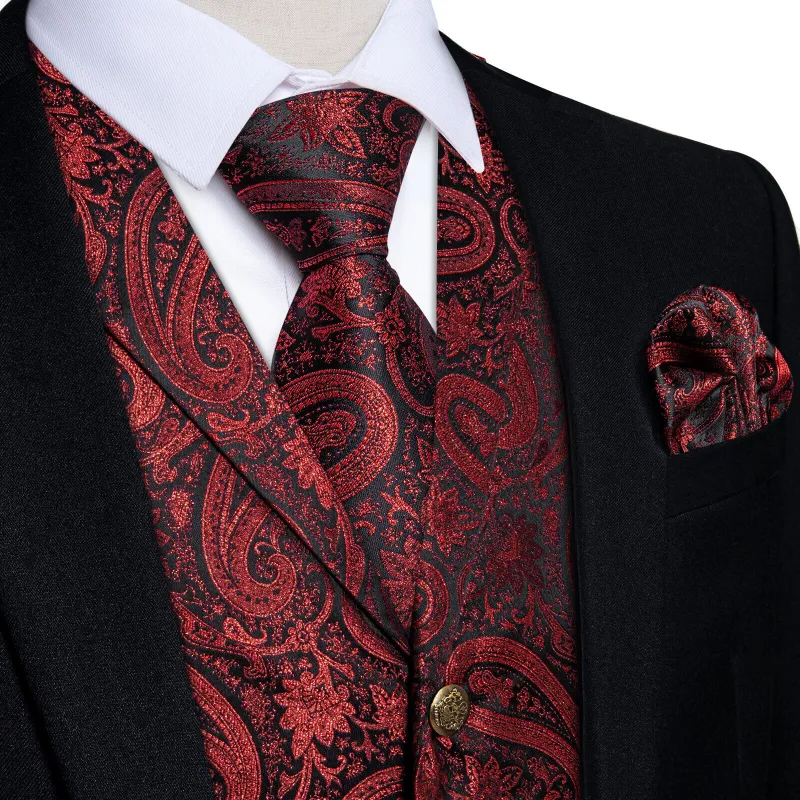 Ties2you Men's Vest Deep Red Jacquard Paisley Silk Suit Vest Tie Set sold by Ties2You