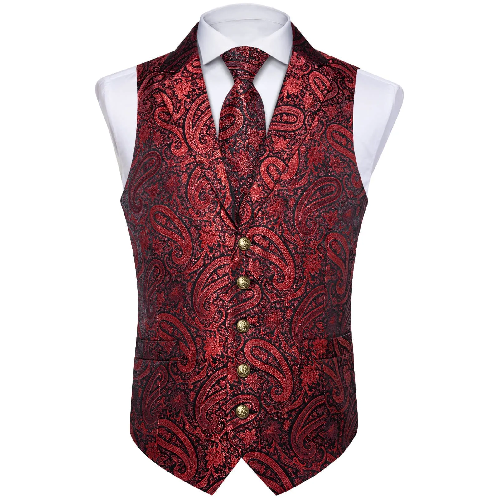 Ties2you Men's Vest Deep Red Jacquard Paisley Silk Suit Vest Tie Set sold by Ties2You product image thumbnail 3