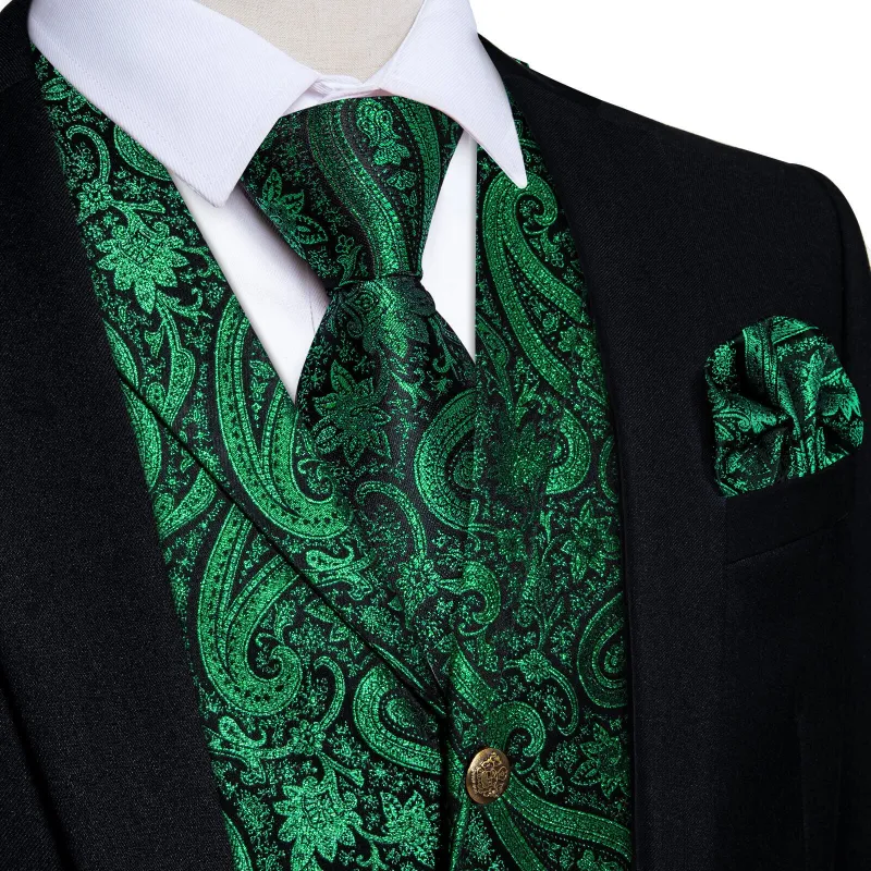 Ties2you Men's Vest Deep Green Jacquard Paisley Silk Suit Vest Tie Set sold by Ties2You