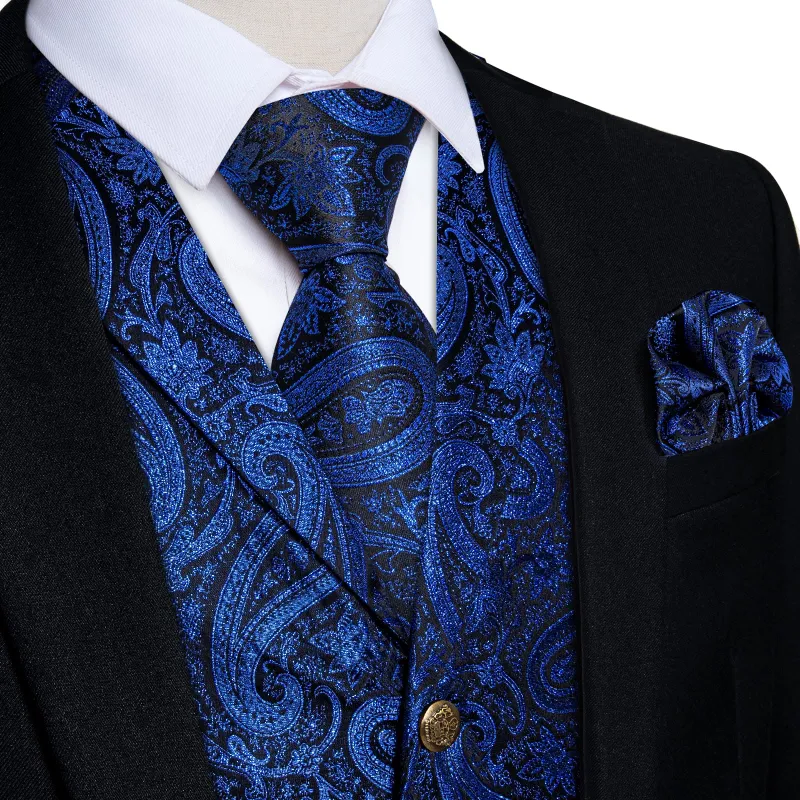 Ties2you Men's Vest Navy Blue Jacquard Paisley Silk Suit Vest Tie Set sold by Ties2You