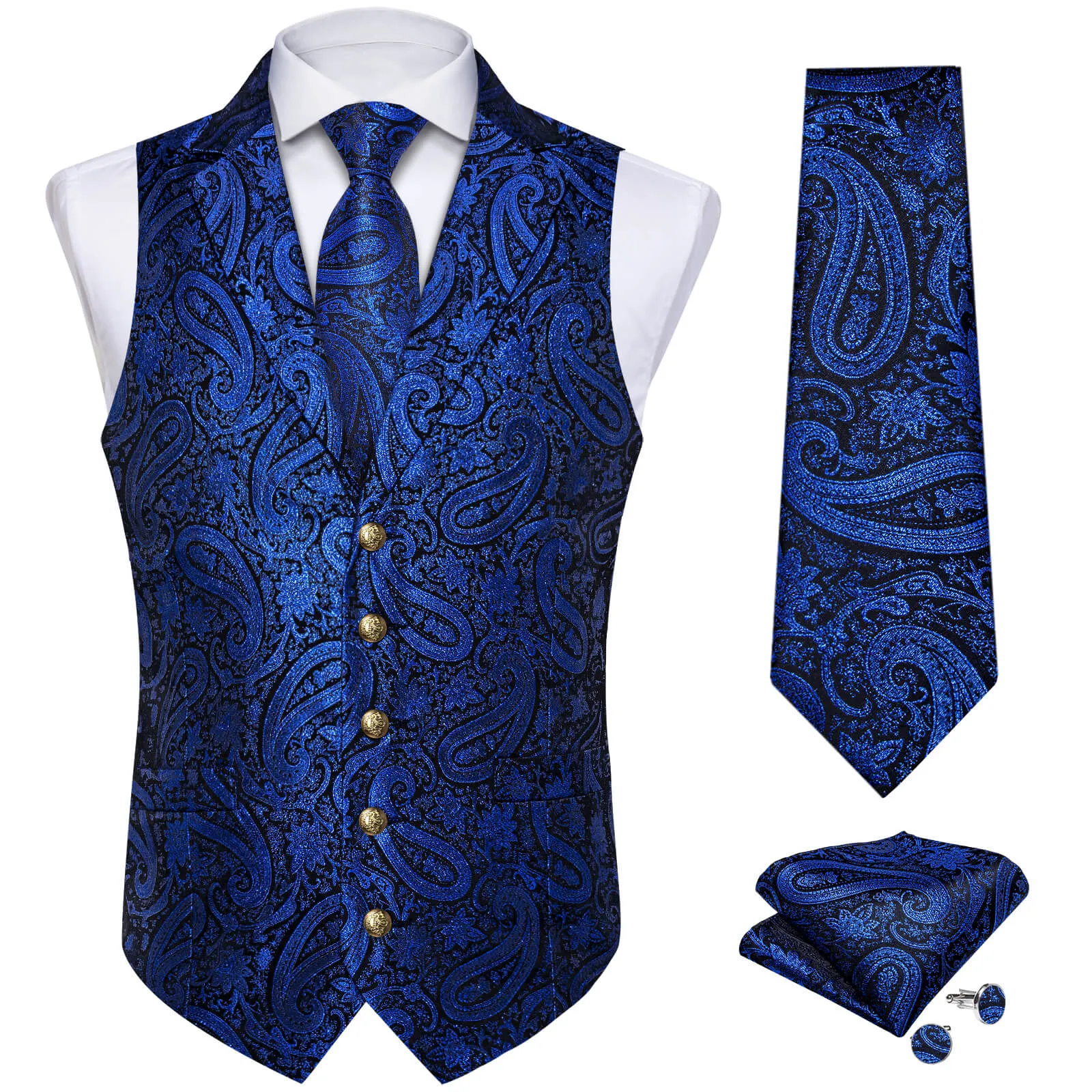 Ties2you Men's Vest Navy Blue Jacquard Paisley Silk Suit Vest Tie Set sold by Ties2You product image thumbnail 2
