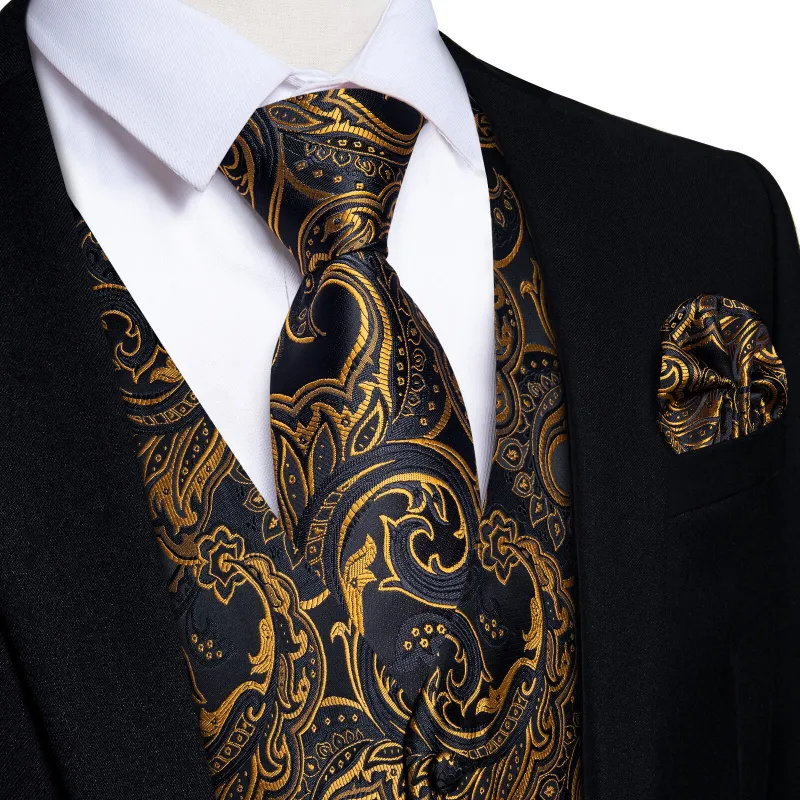 Ties2you Men's Vest Black Gold Floral Silk Waistcoat Suit Vest Tie Set sold by Ties2You