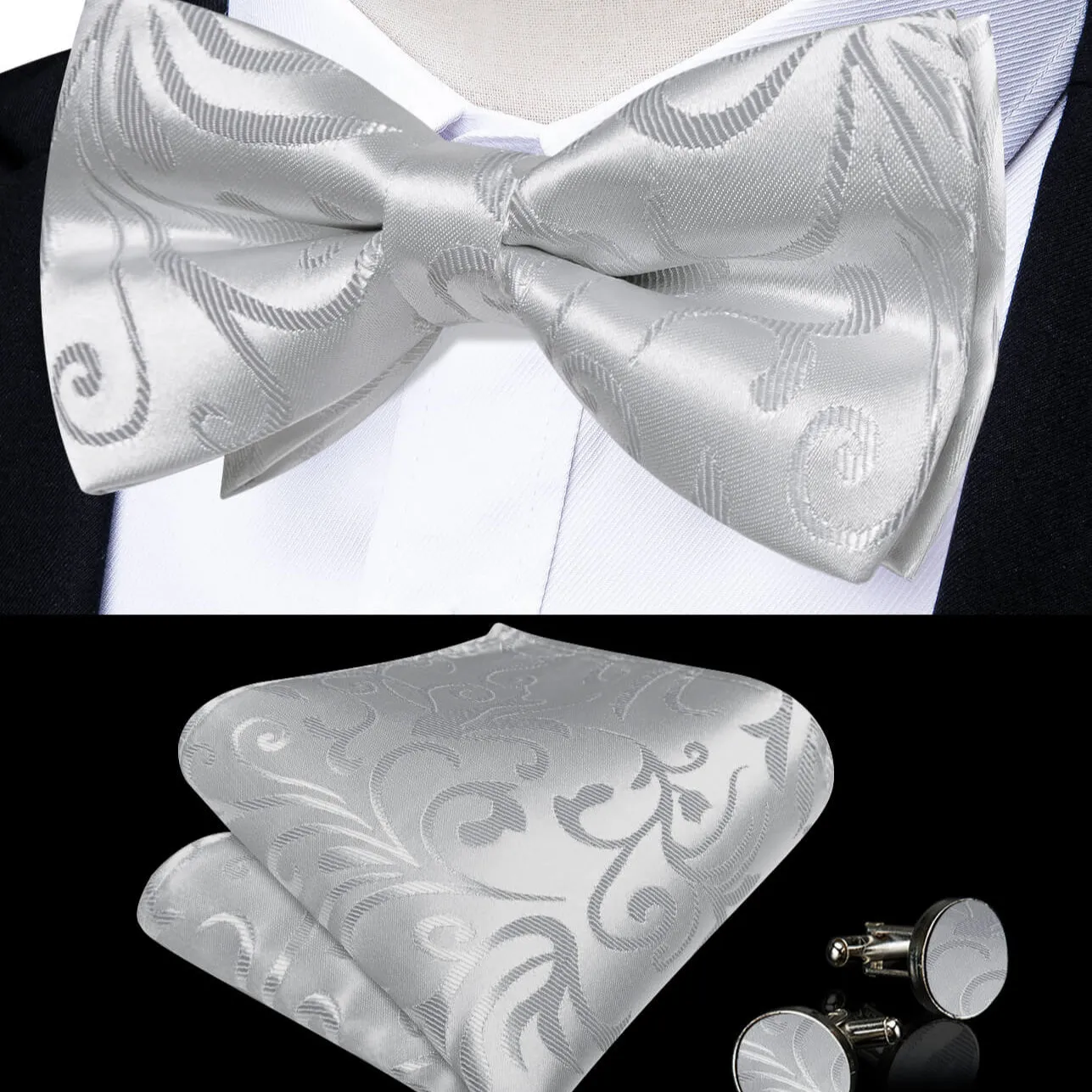 Ties2you Men's Bow Tie Silver Grey Floral Silk Pre-Bow Tie Set sold by Ties2You
