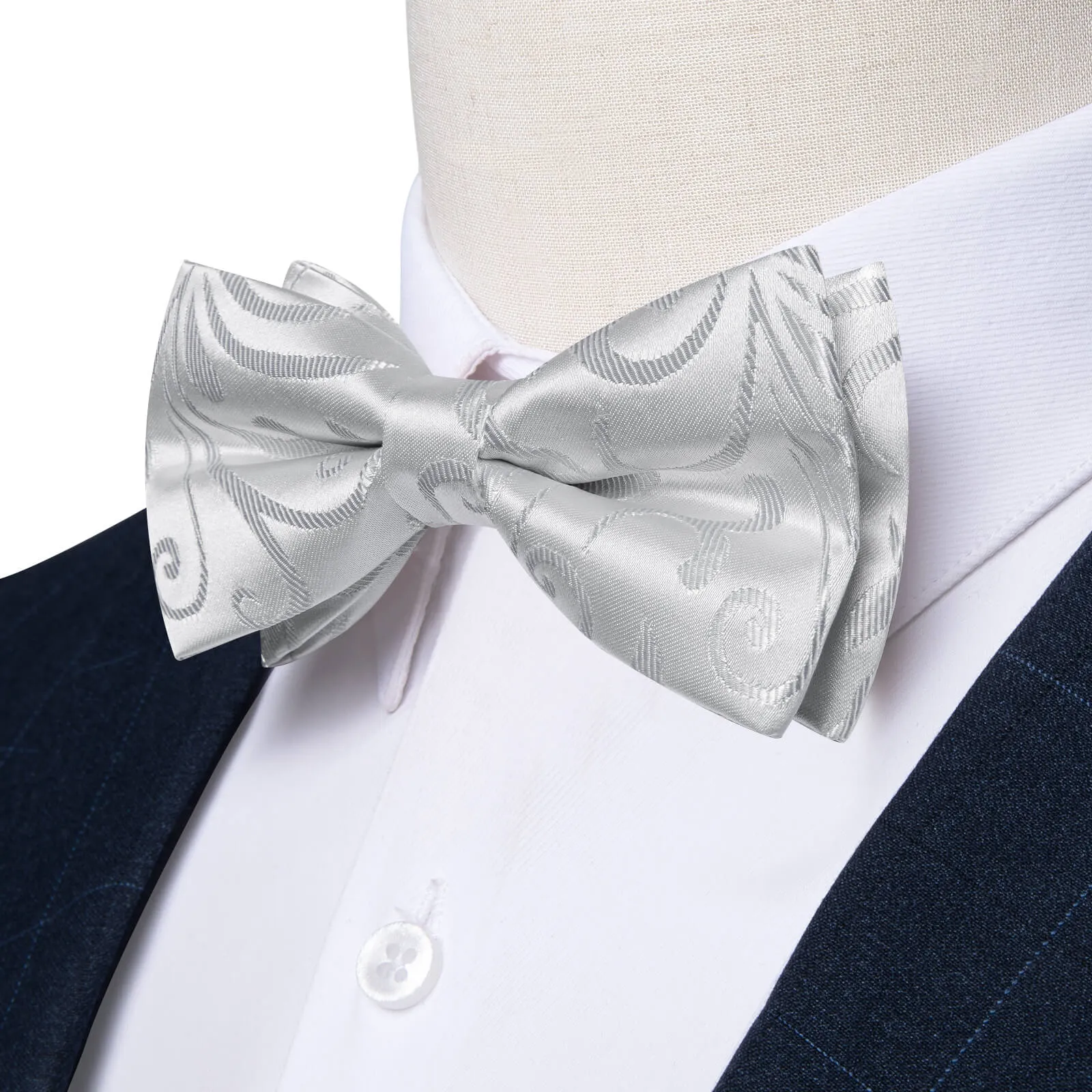 Ties2you Men's Bow Tie Silver Grey Floral Silk Pre-Bow Tie Set sold by Ties2You product image thumbnail 2