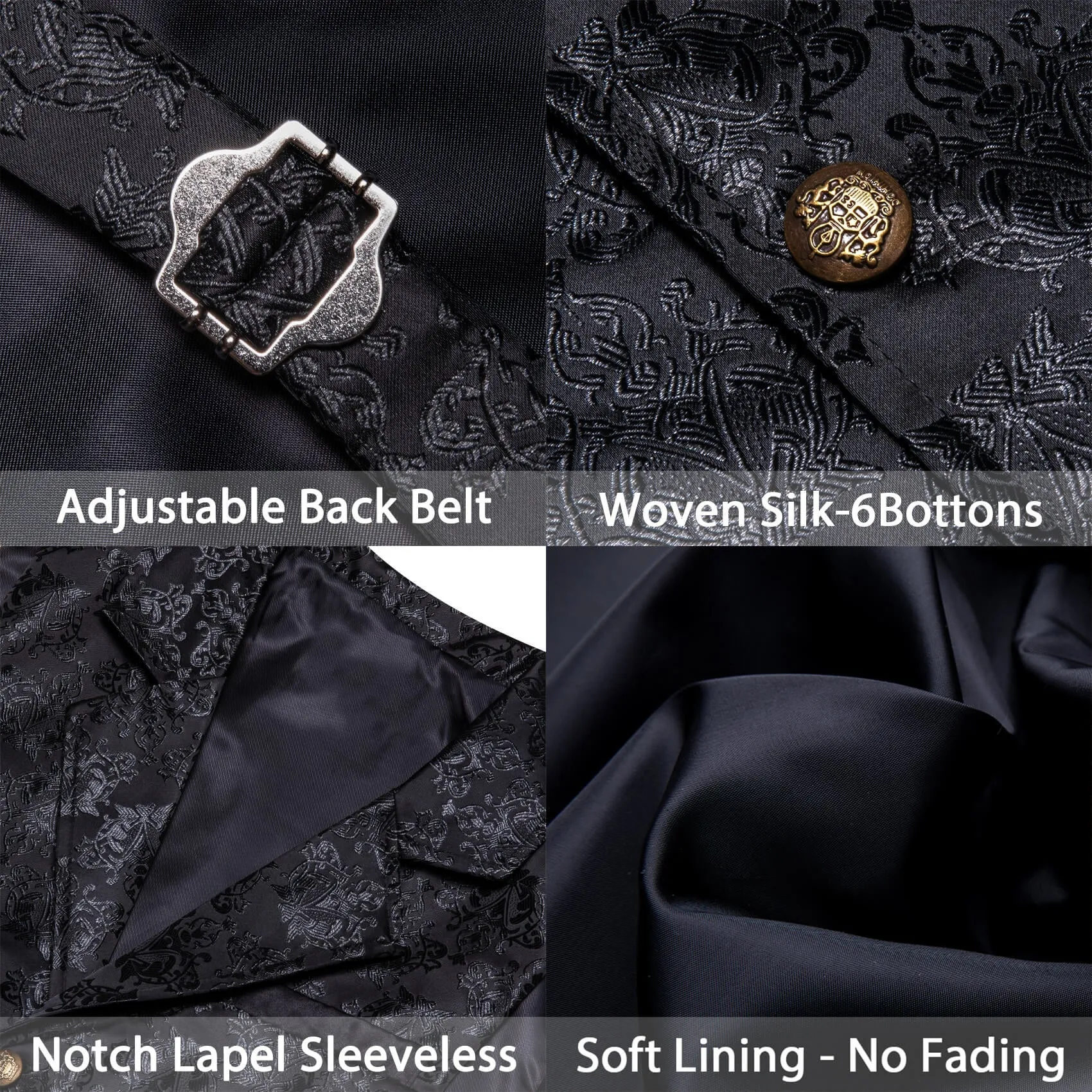 Ties2you Men's Vest Silver Black Woven Floral Silk Waistcoat Suit Vest sold by Ties2You product image thumbnail 5