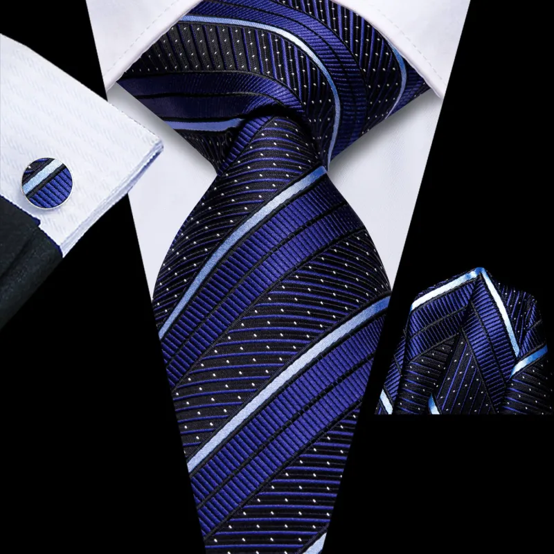Ties2you Striped Tie Navy Blue White Silk Men's Tie Hanky Cufflinks Set sold by Ties2You