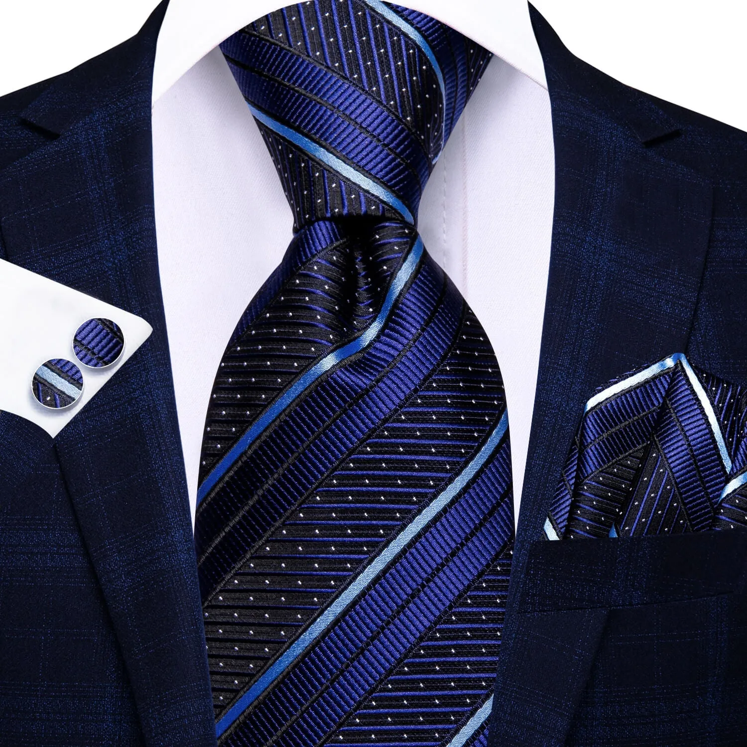 Ties2you Striped Tie Navy Blue White Silk Men's Tie Hanky Cufflinks Set sold by Ties2You product image thumbnail 2