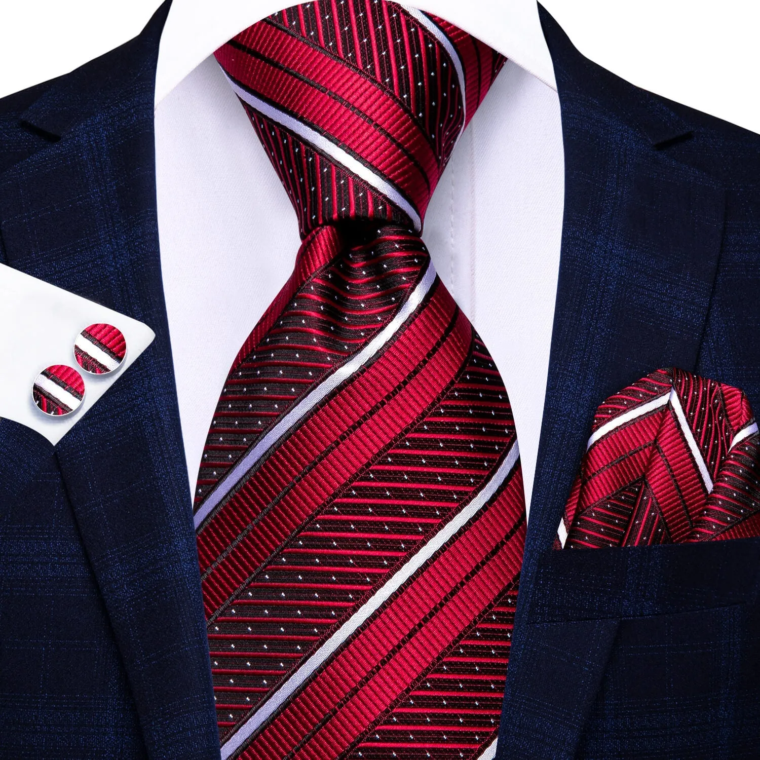 Ties2you Striped Tie Red White Silk Men's Tie Hanky Cufflinks Set sold by Ties2You product image thumbnail 2