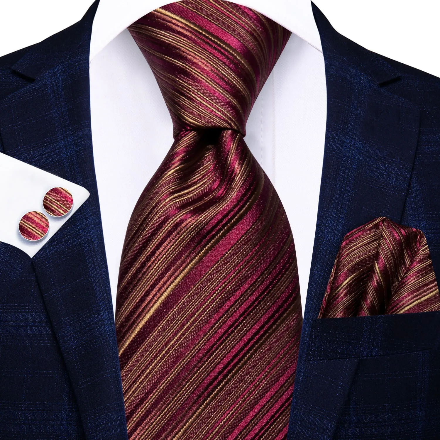 Ties2you Striped Tie Burgundy Silk Mens Tie Hanky Cufflinks Set for Wedding Party sold by Ties2You product image thumbnail 4