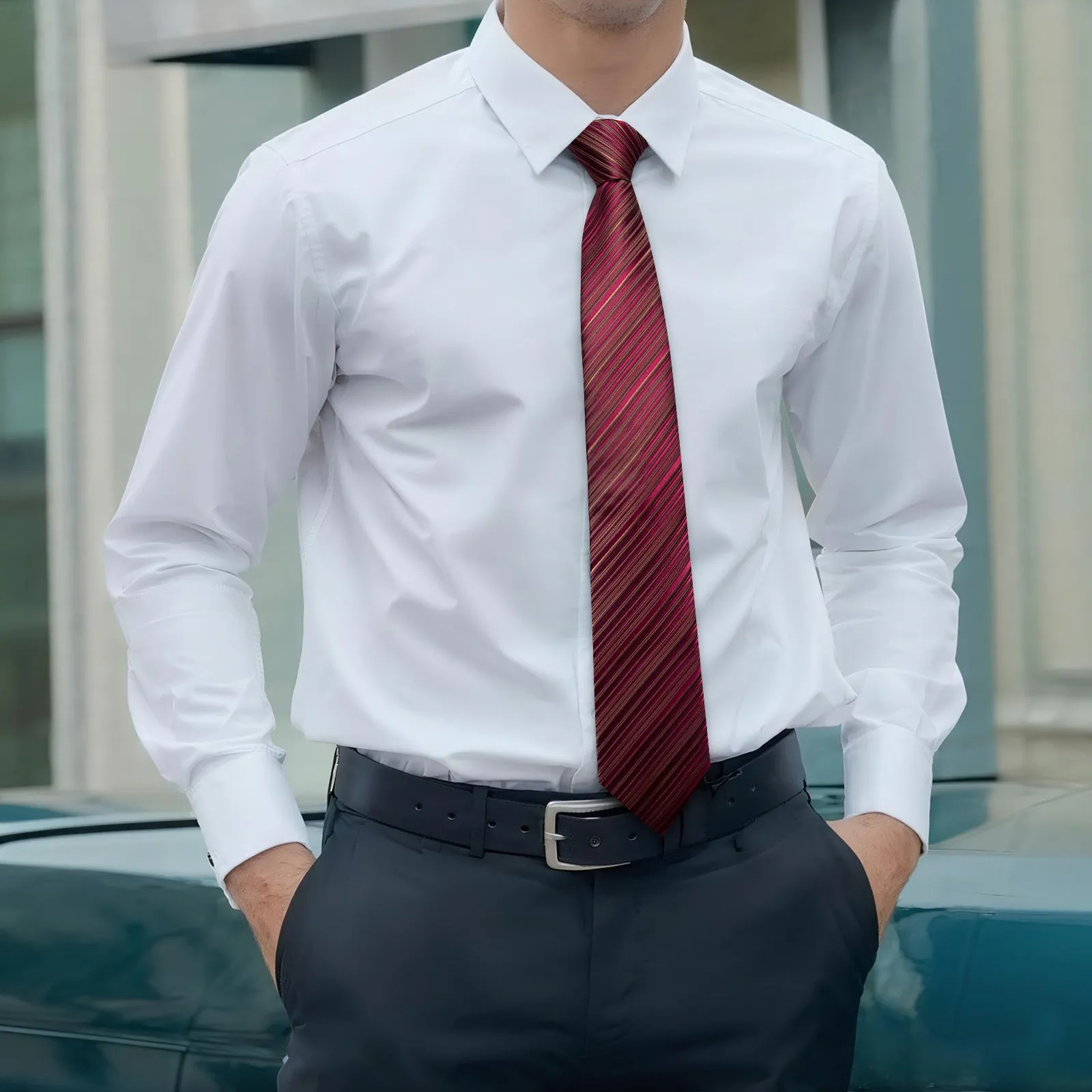 Ties2you Striped Tie Burgundy Silk Mens Tie Hanky Cufflinks Set for Wedding Party sold by Ties2You product image thumbnail 3