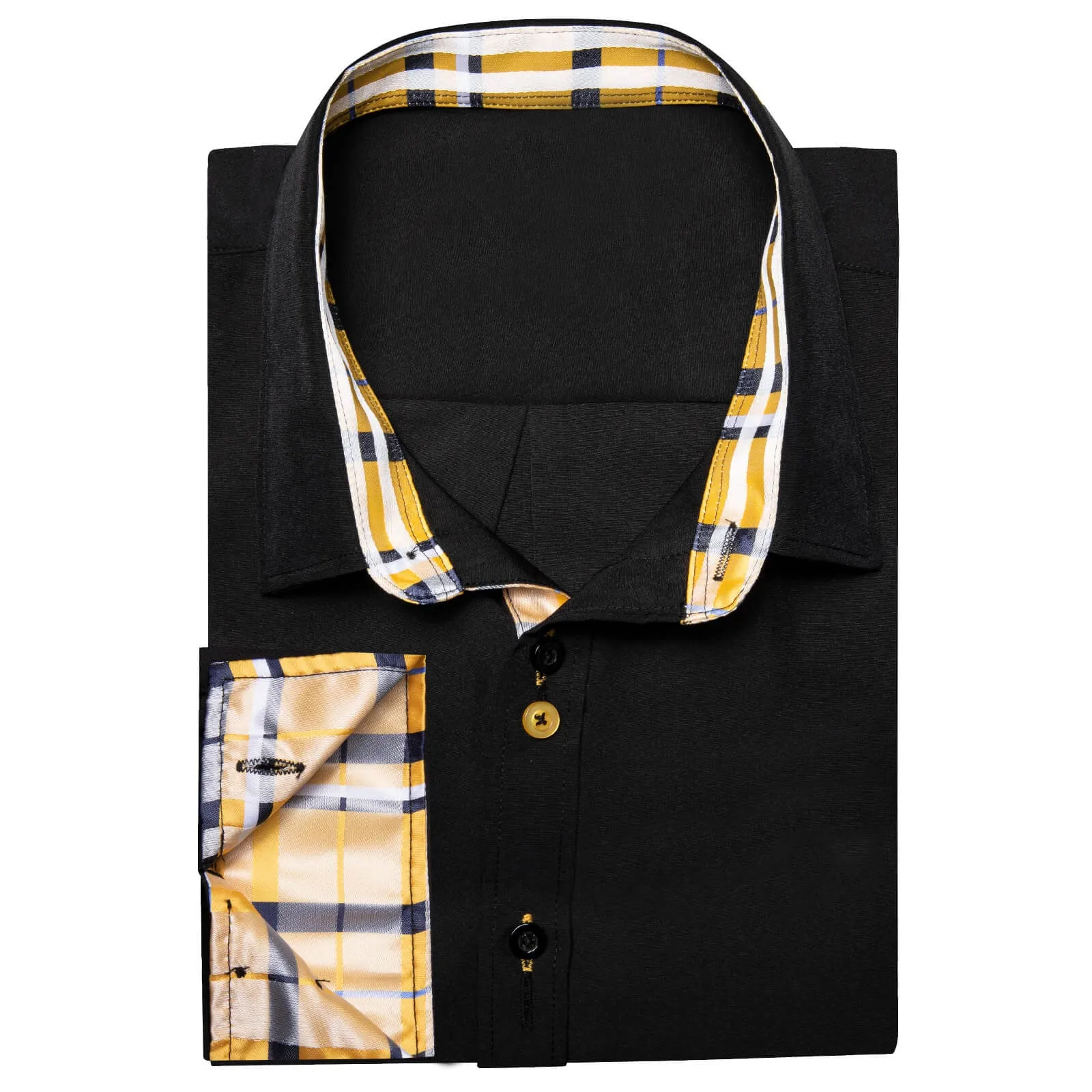 Ties2you Men's Shirt Black Solid Yellow Plaid Splicing Silk Shirt sold by Ties2You product image thumbnail 4