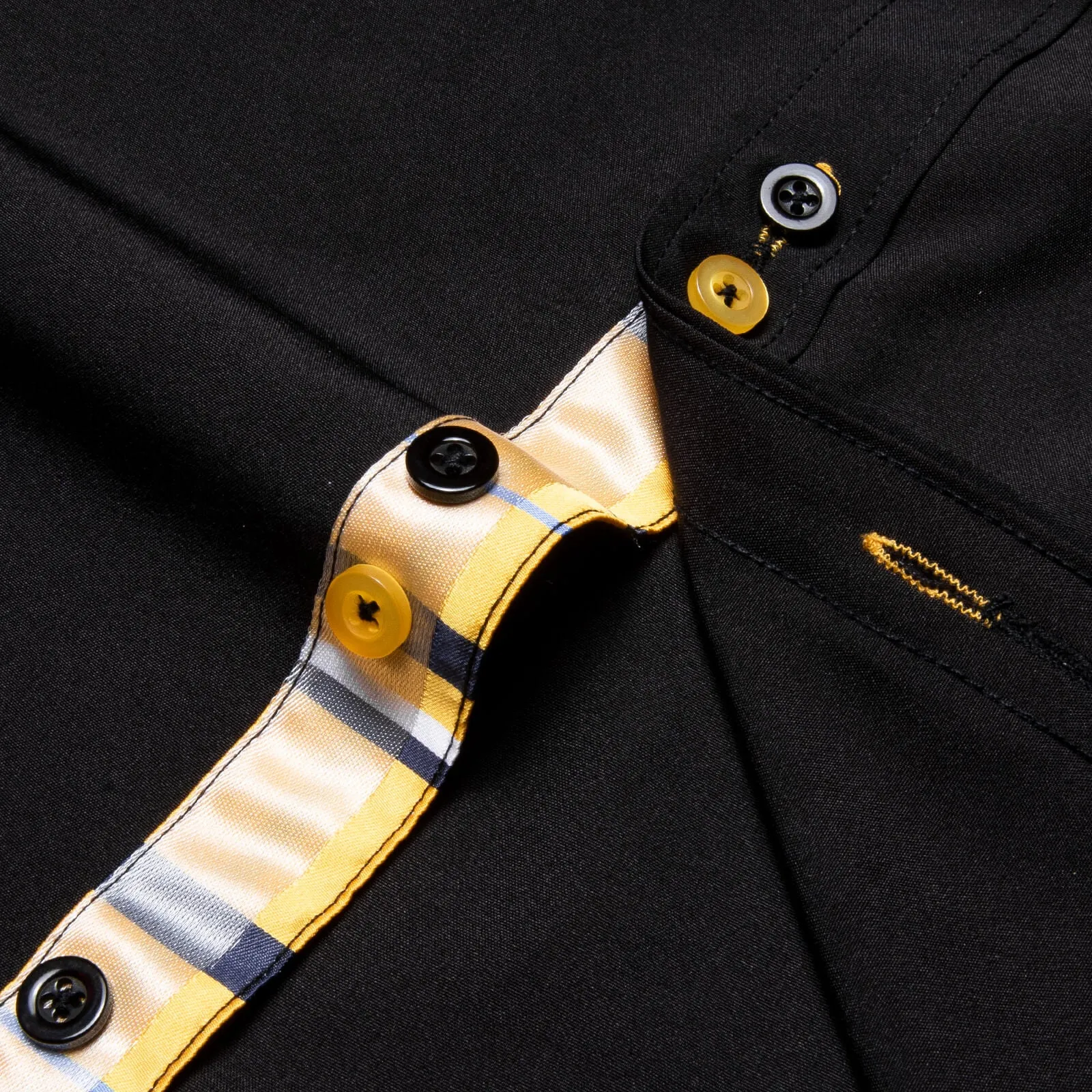 Ties2you Men's Shirt Black Solid Yellow Plaid Splicing Silk Shirt sold by Ties2You product image thumbnail 5