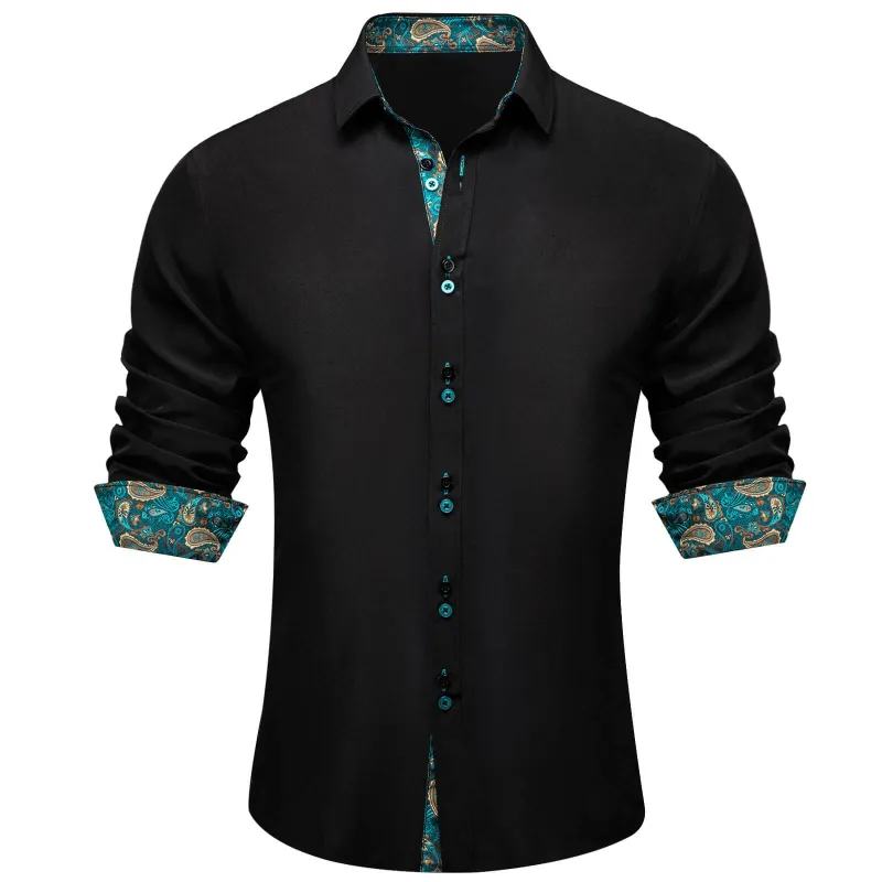 Ties2you Black Teal Splicing Shirt Mens Silk Long Sleeve Button Down Casual Shirt made by Ties2You