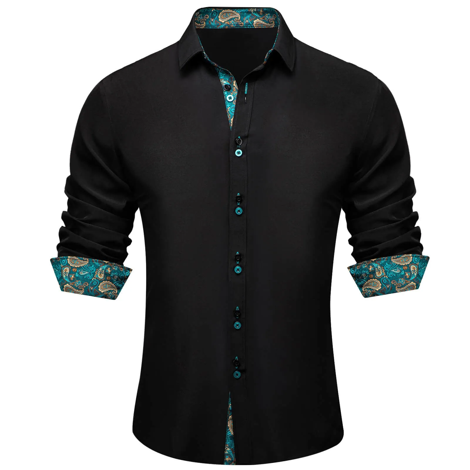Ties2you Black Teal Splicing Shirt Mens Silk Long Sleeve Button Down Casual Shirt sold by Ties2You