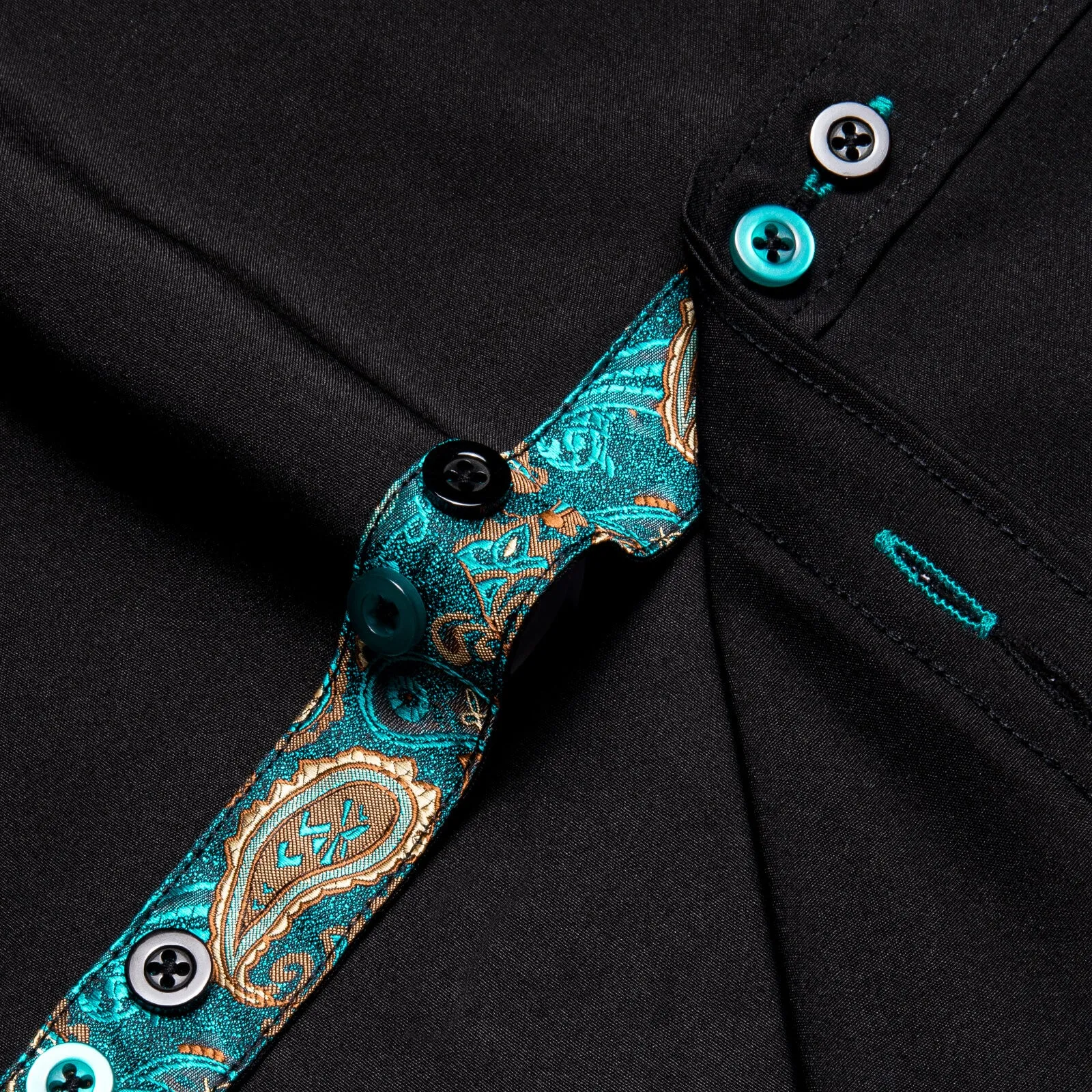 Ties2you Black Teal Splicing Shirt Mens Silk Long Sleeve Button Down Casual Shirt sold by Ties2You product image thumbnail 5