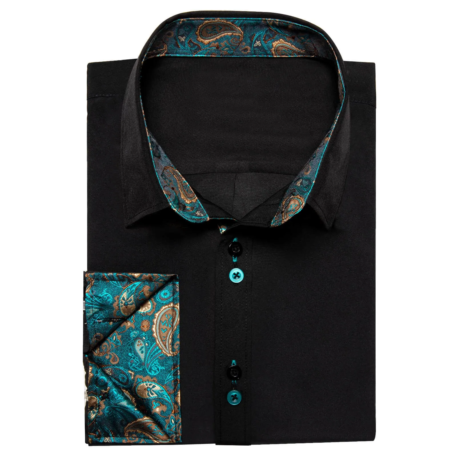 Ties2you Black Teal Splicing Shirt Mens Silk Long Sleeve Button Down Casual Shirt sold by Ties2You product image thumbnail 4