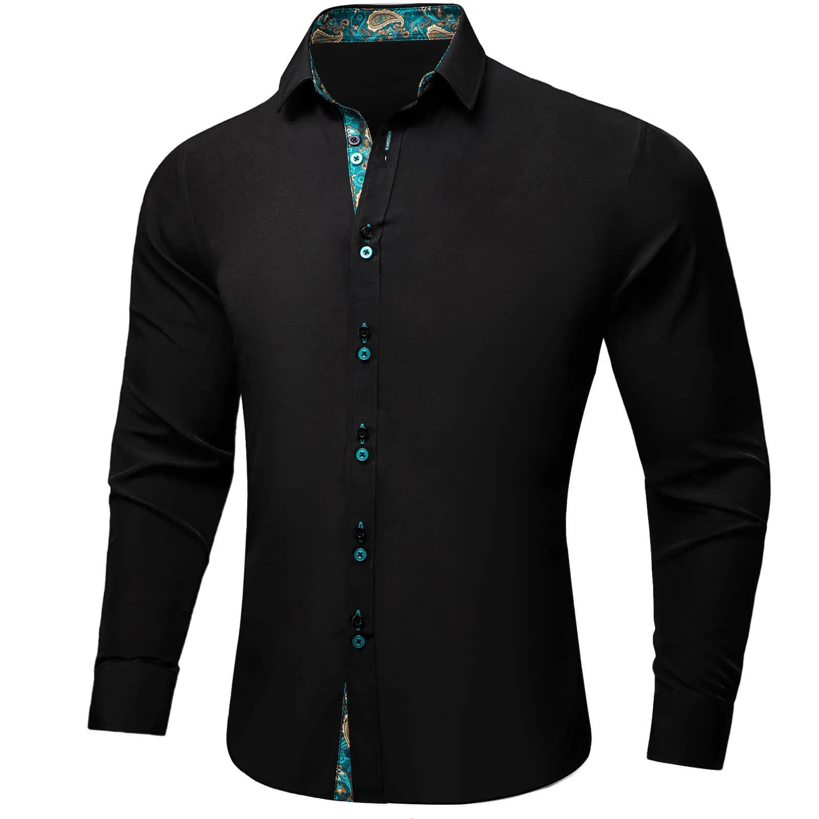 Ties2you Black Teal Splicing Shirt Mens Silk Long Sleeve Button Down Casual Shirt sold by Ties2You product image thumbnail 2